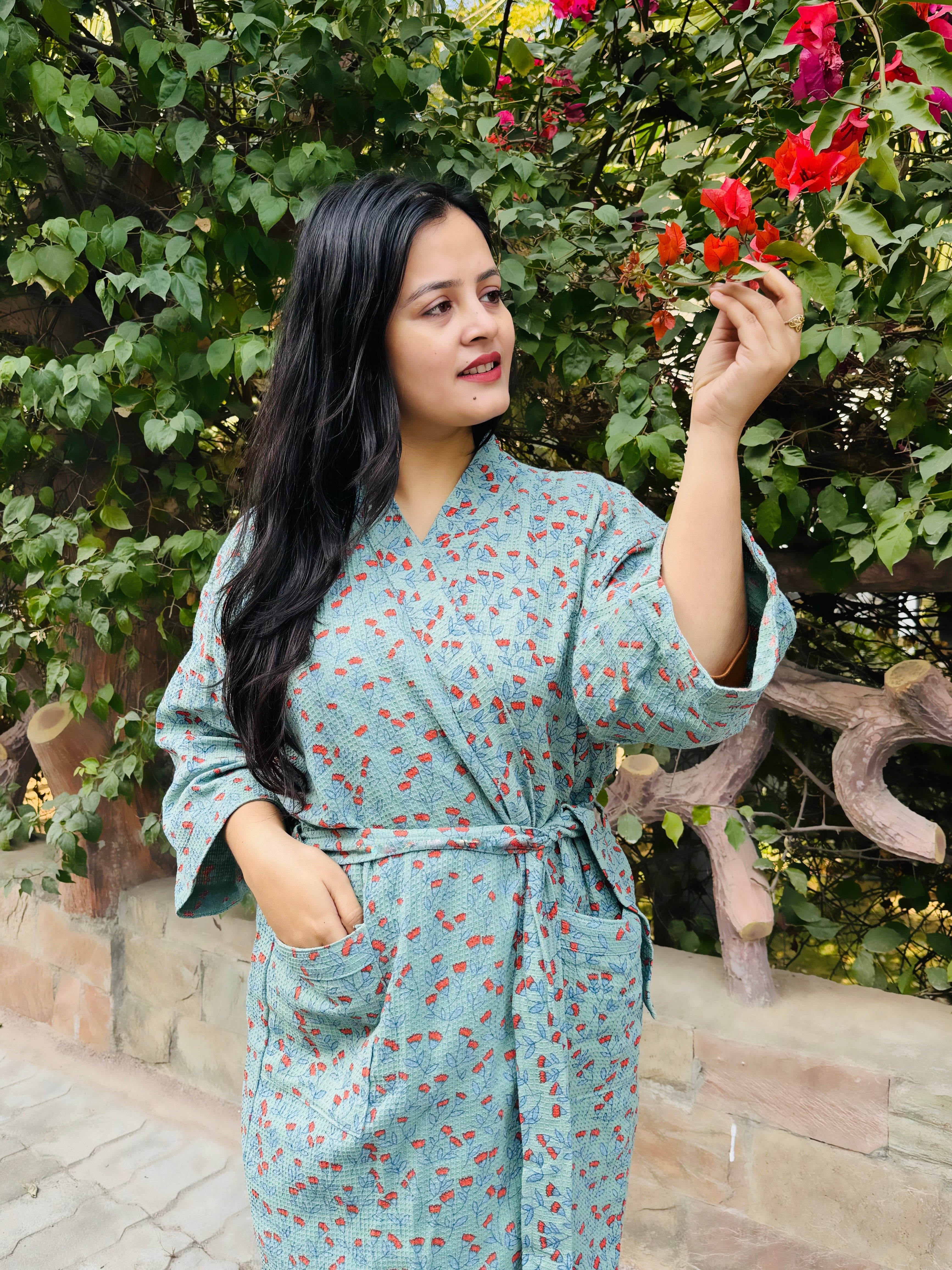 Waffle Cotton Floral Bath Robe