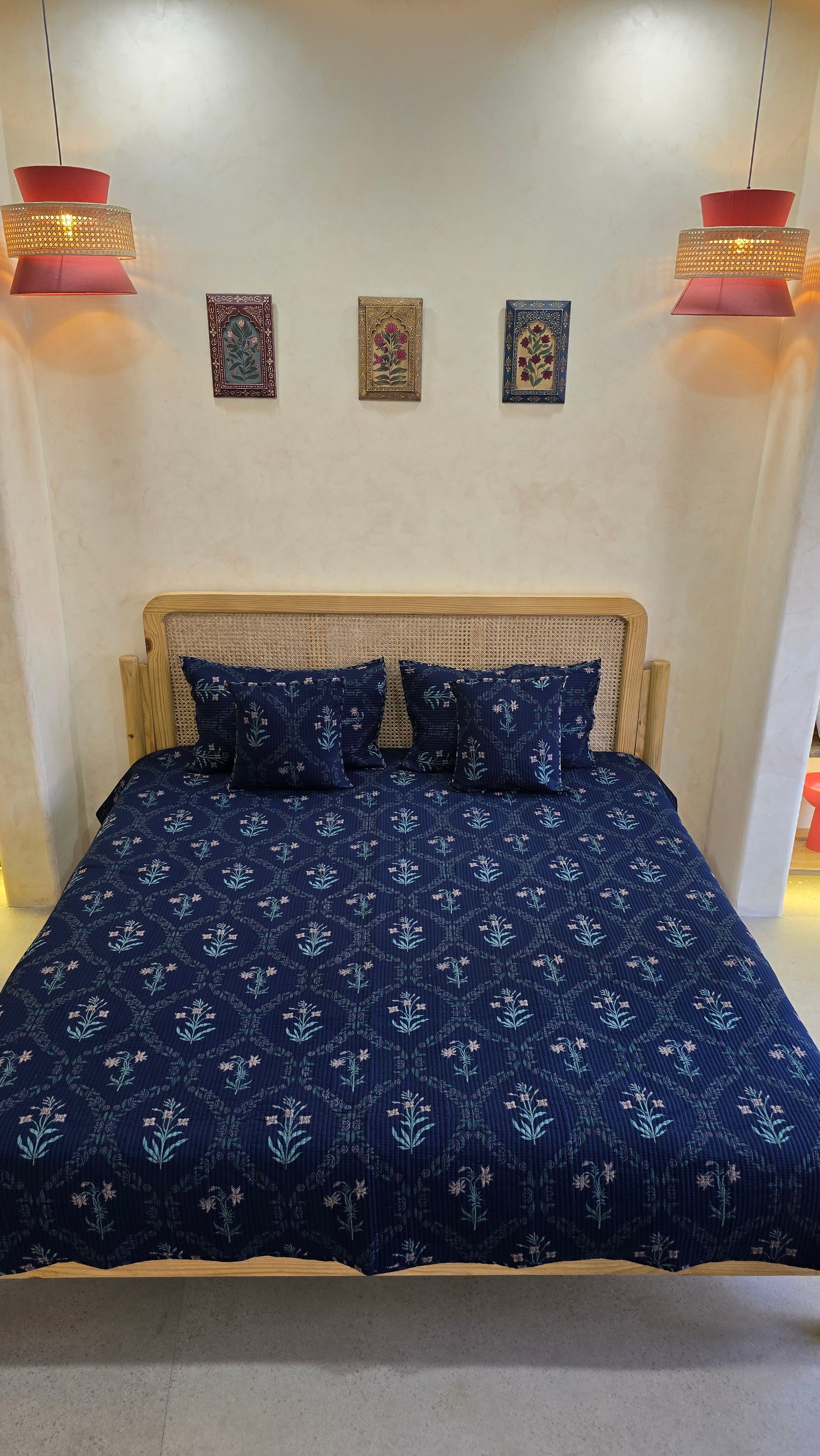 KANAK JAAL BLUE POPPY QUILTED BEDCOVER SET(5PC) - BEDCOVER + 2 PILLOW CASES + 2 CUSHION COVERS