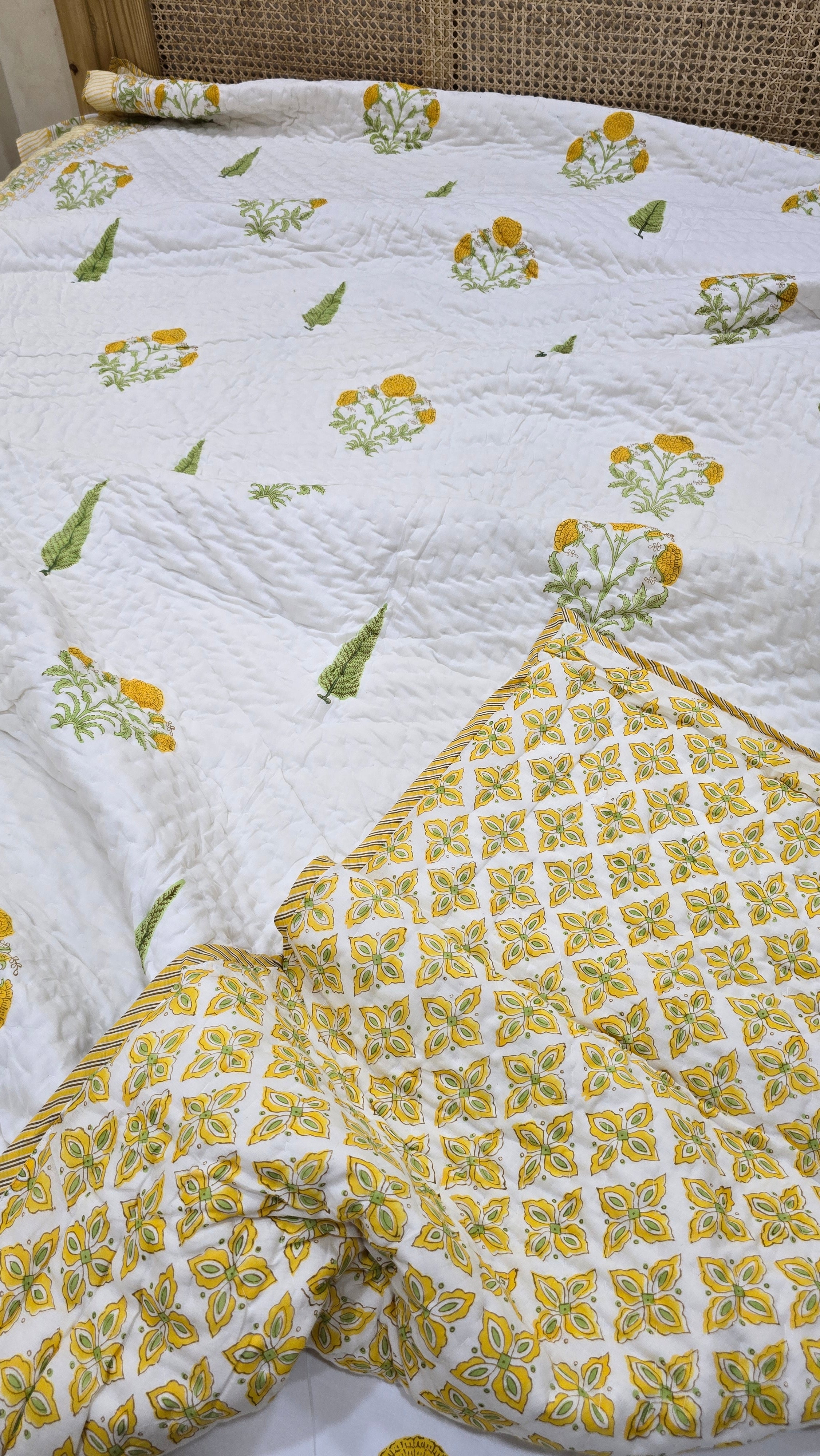 YELLOW MARIGOLD HAND BLOCK PRINTED REVERSIBLE MULMUL DOUBLE BED QUILT