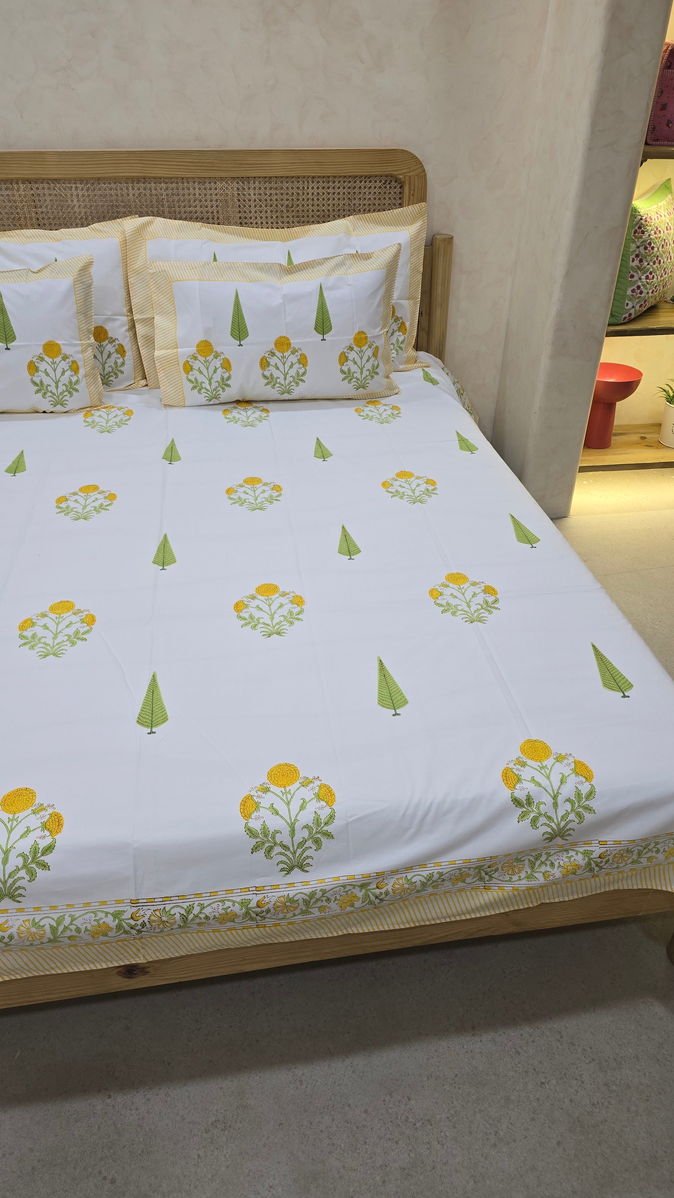 MARIGOLD HAND BLOCK PRINTED BEDSHEET WITH TWO REVERSIBLE PILLOW COVERS