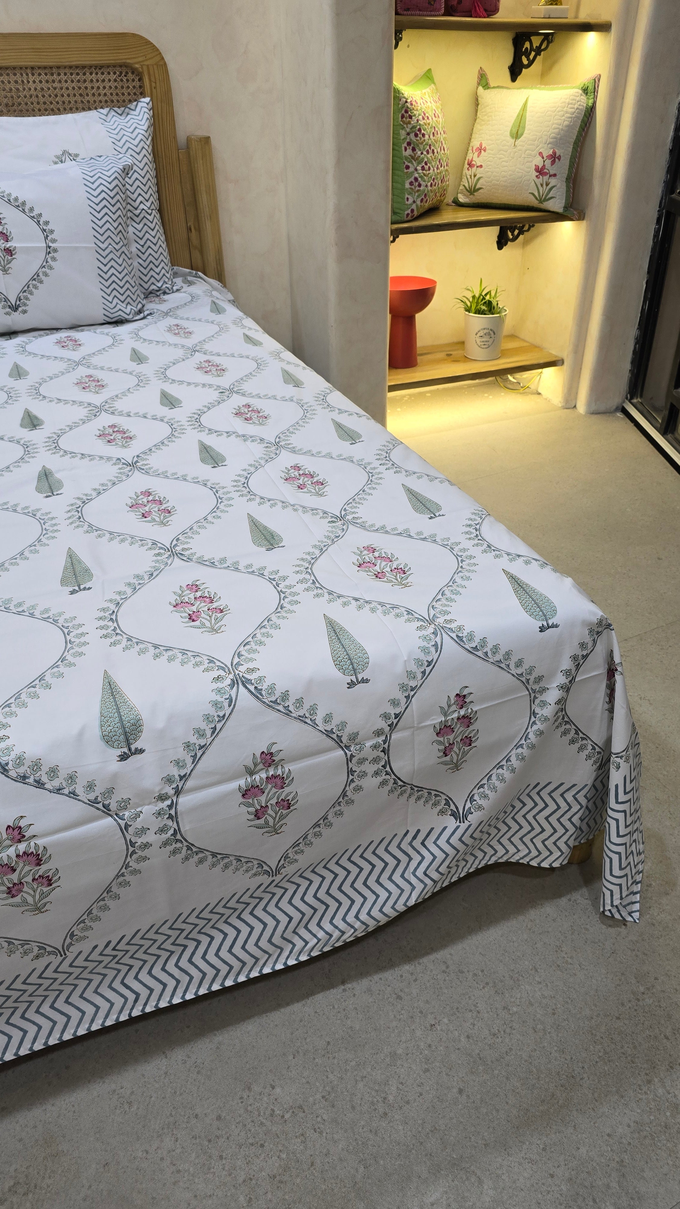 PRISHA HAND BLOCK PRINTED BEDSHEET WITH TWO REVERSIBLE PILLOW COVERS