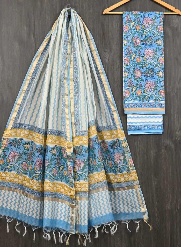 HAND BLOCK PRINTED CHANDERI UNSTITCHED SUIT