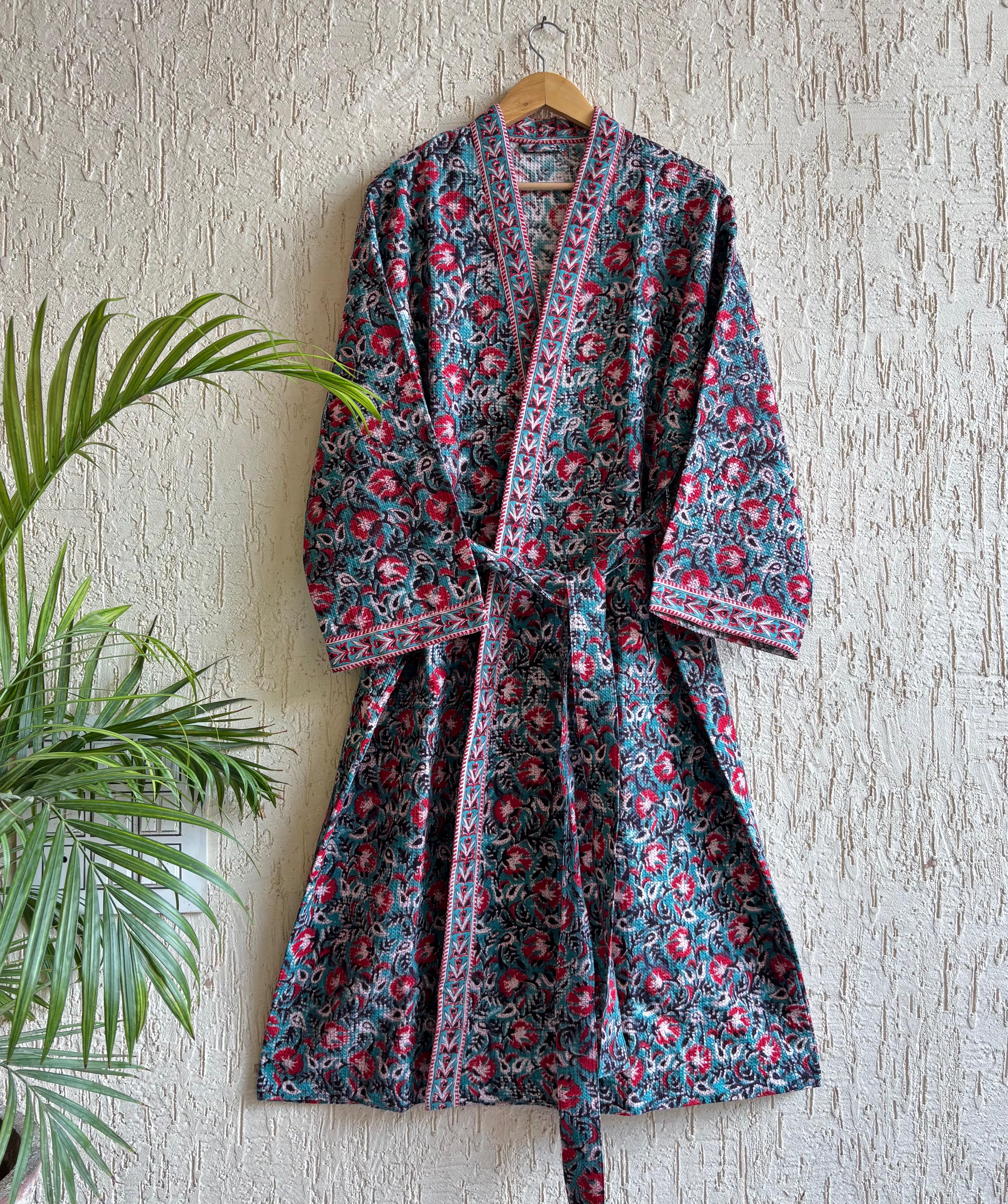 HAND BLOCK PRINTED WAFFLE BATHROBE