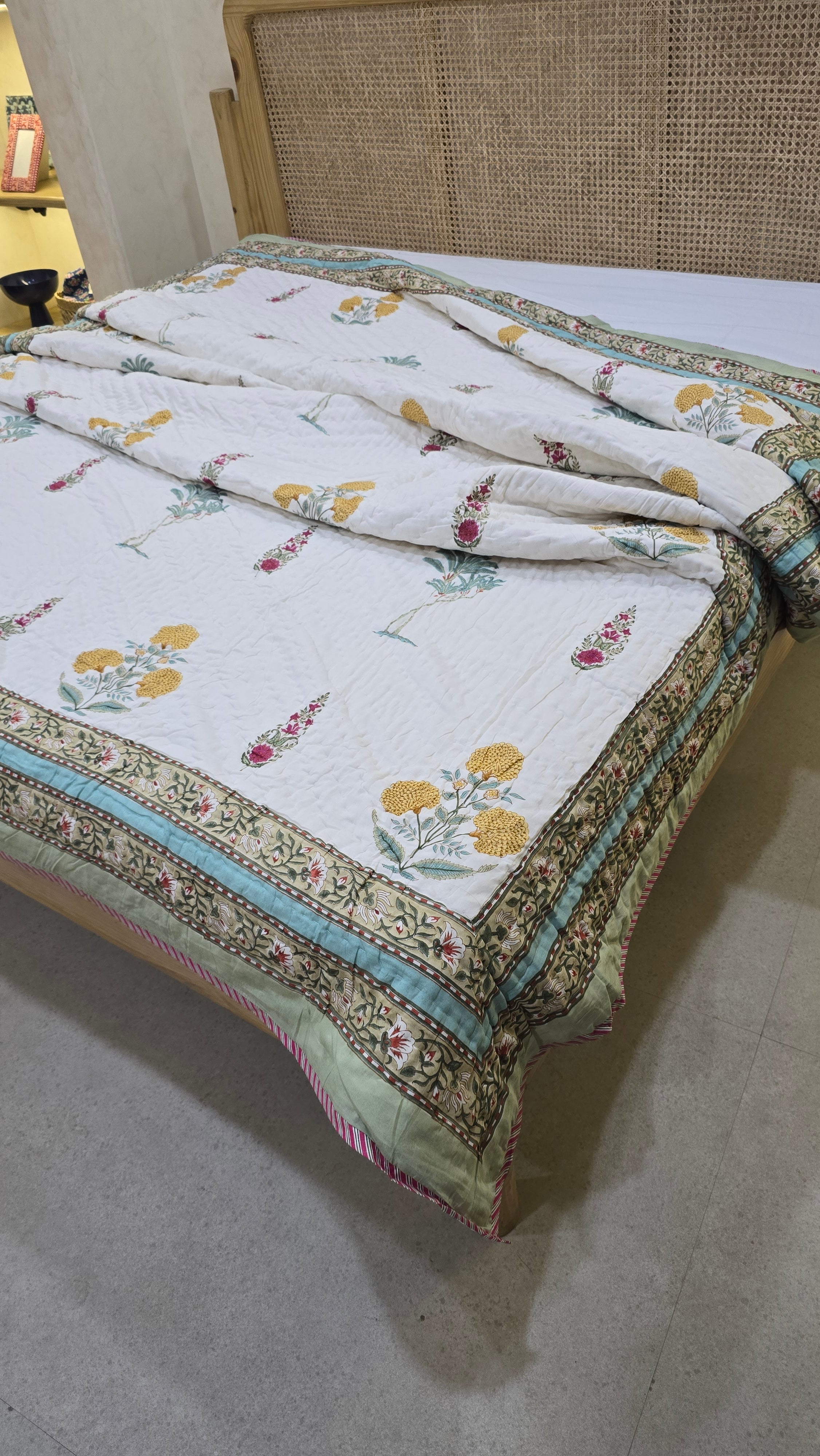MARIGOLD HAND BLOCK PRINTED REVERSIBLE MULMUL DOUBLE BED QUILT