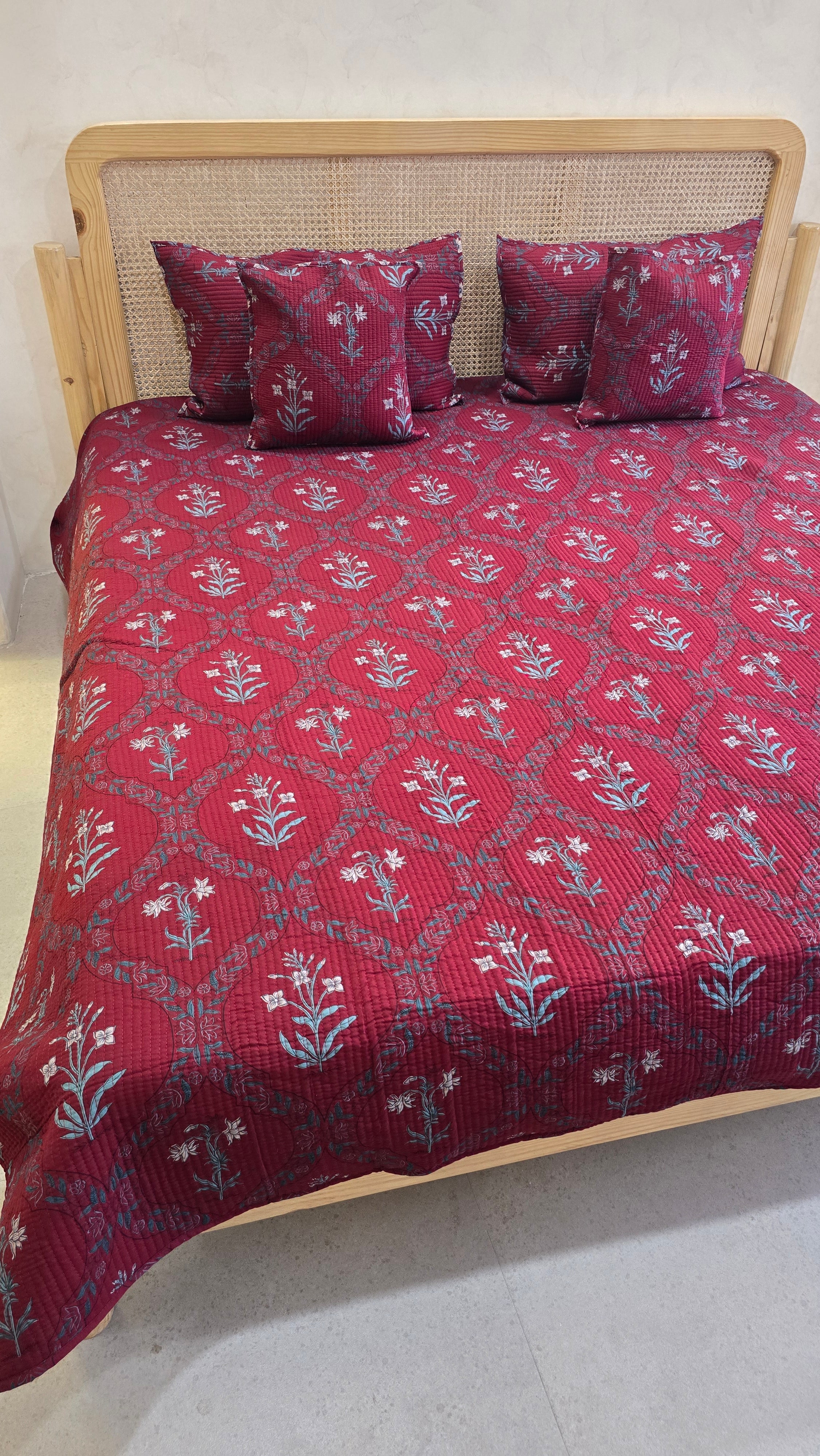 KANAK JAAL MAROON POPPY QUILTED BEDCOVER SET(5PC) - BEDCOVER + 2 PILLOW CASES + 2 CUSHION COVERS
