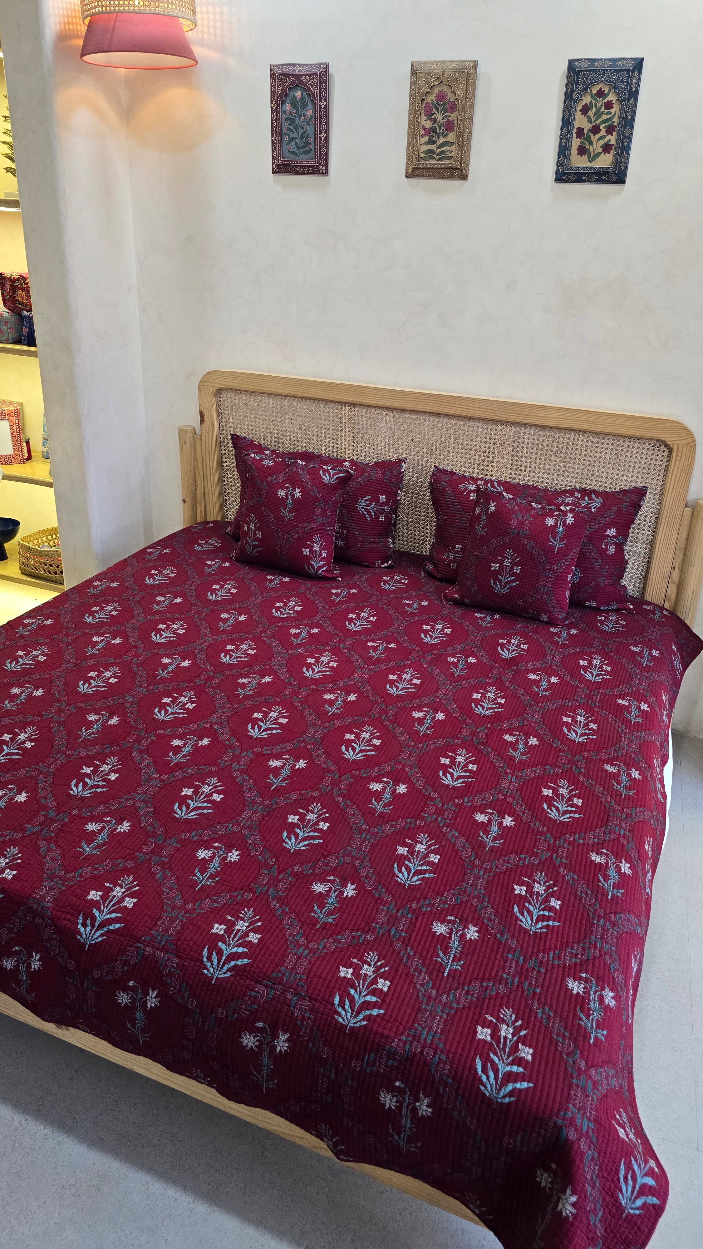 KANAK JAAL MAROON POPPY QUILTED BEDCOVER SET(5PC) - BEDCOVER + 2 PILLOW CASES + 2 CUSHION COVERS