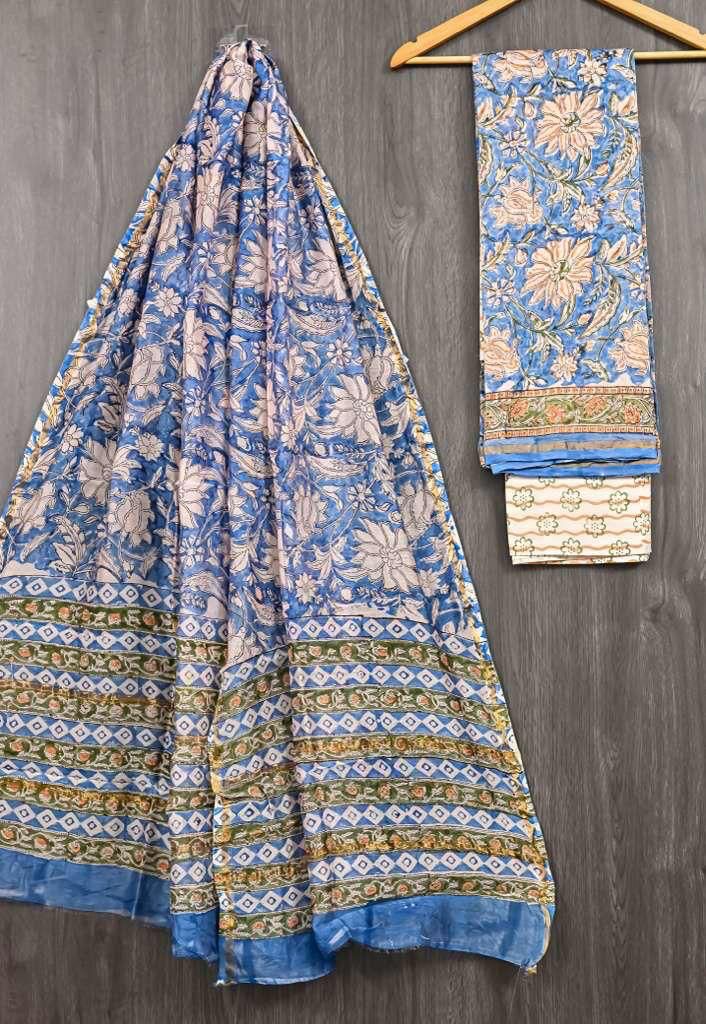 HAND BLOCK PRINTED CHANDERI UNSTITCHED SUIT