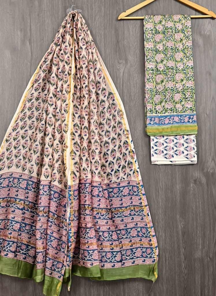 HAND BLOCK PRINTED CHANDERI UNSTITCHED SUIT