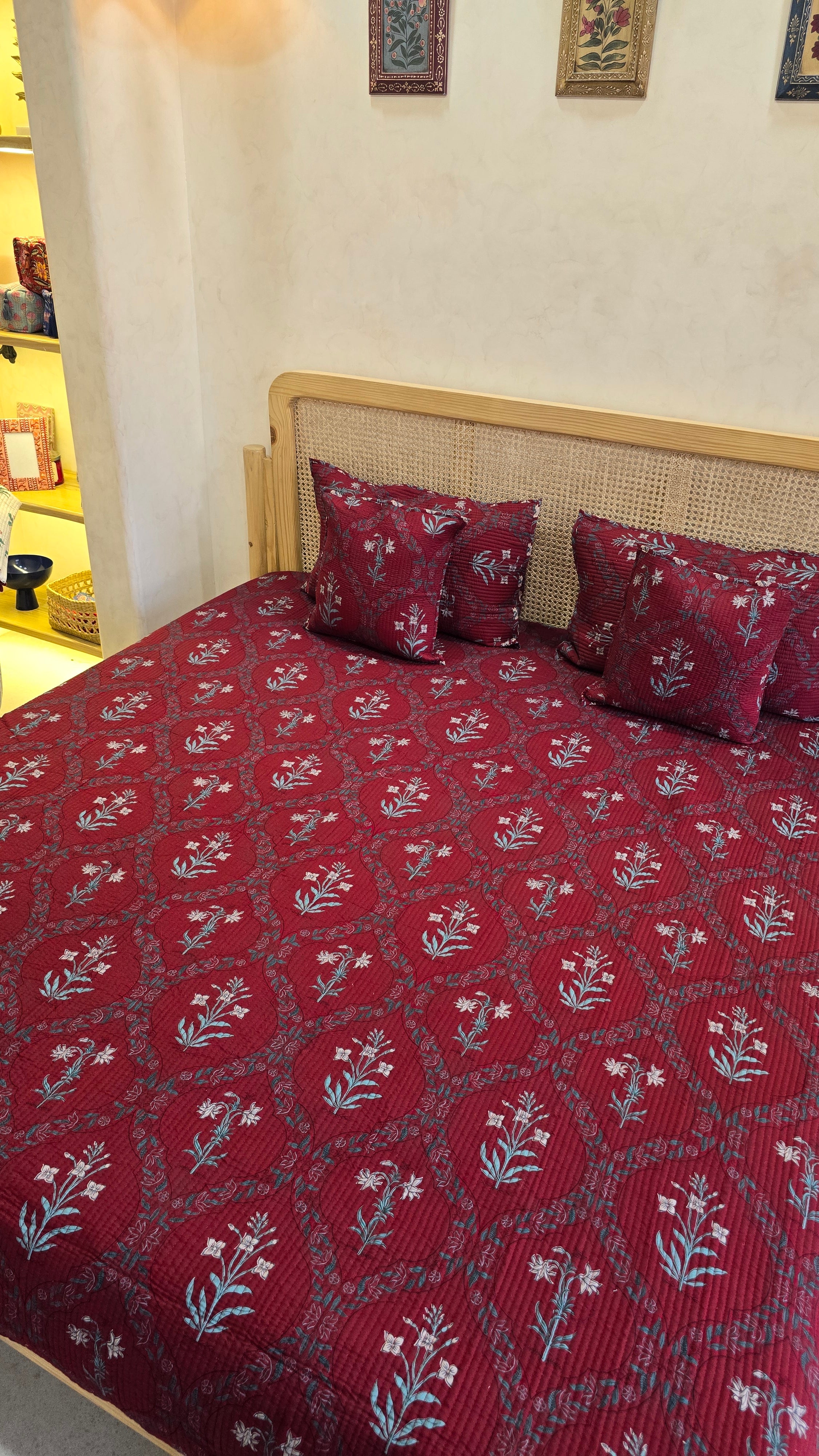 KANAK JAAL MAROON POPPY QUILTED BEDCOVER SET(5PC) - BEDCOVER + 2 PILLOW CASES + 2 CUSHION COVERS