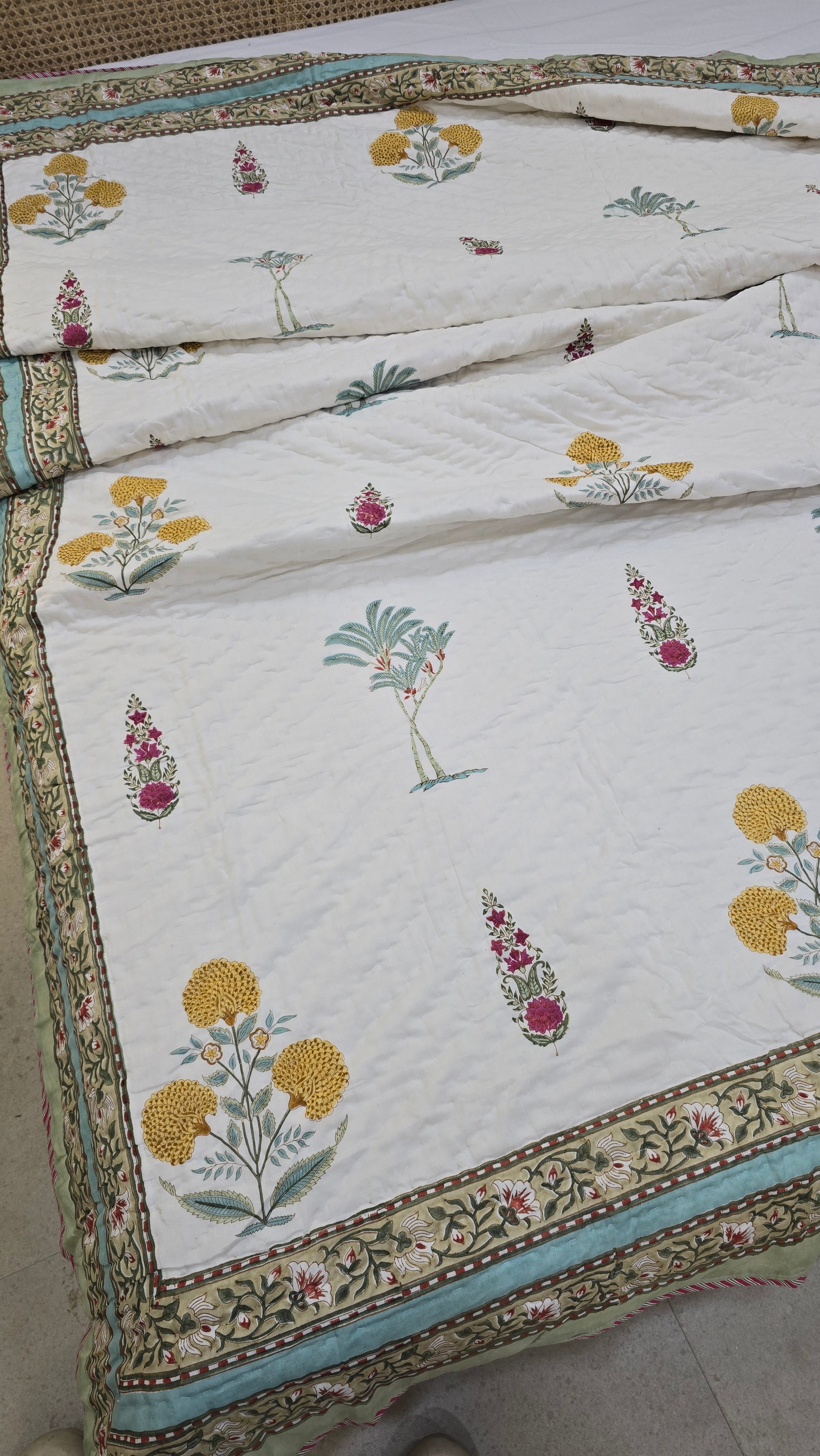 MARIGOLD HAND BLOCK PRINTED REVERSIBLE MULMUL DOUBLE BED QUILT