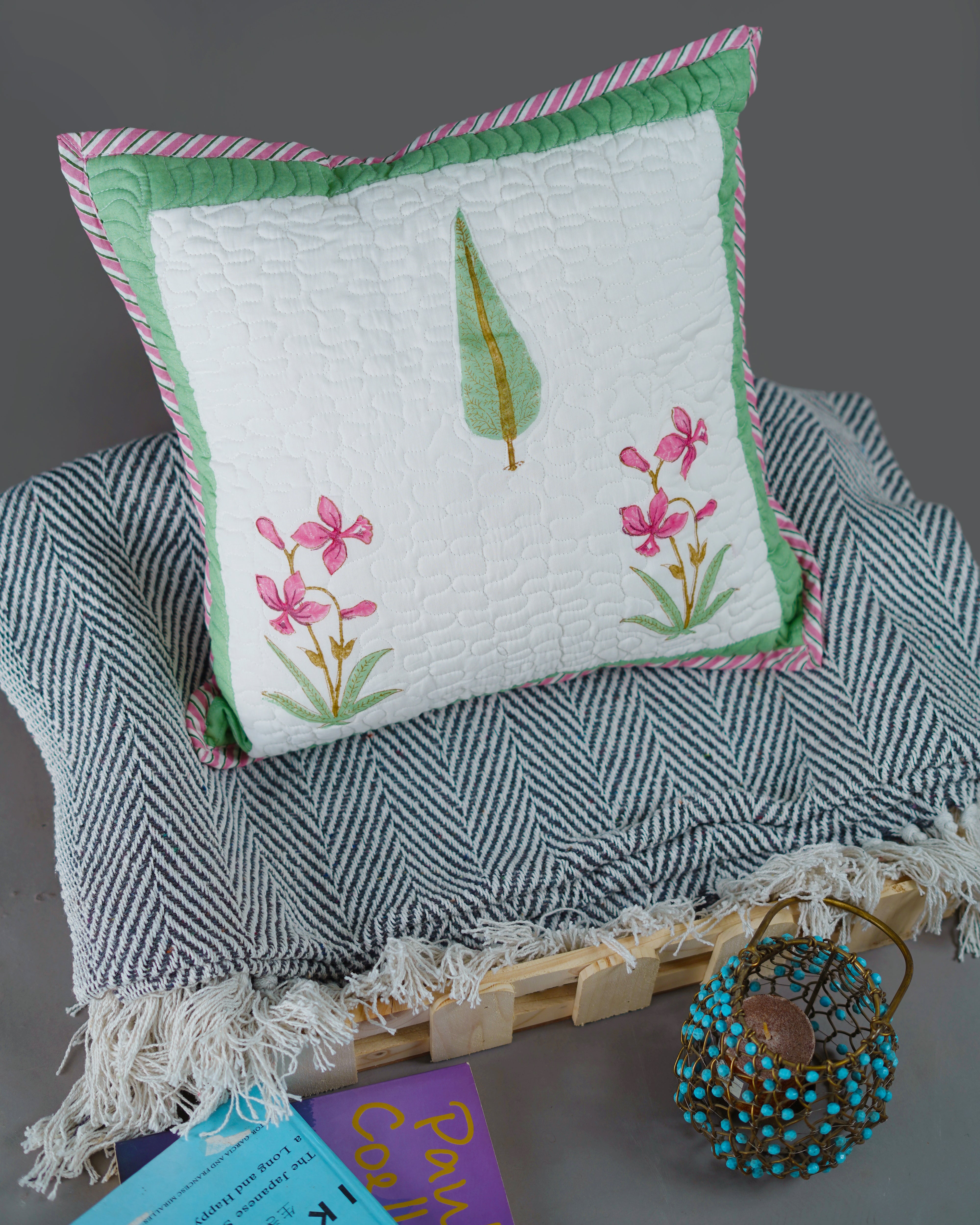 A PAIR OF HAND BLOCK PRINTED CUSHION COVER SIZE 16 by 16 INCHES