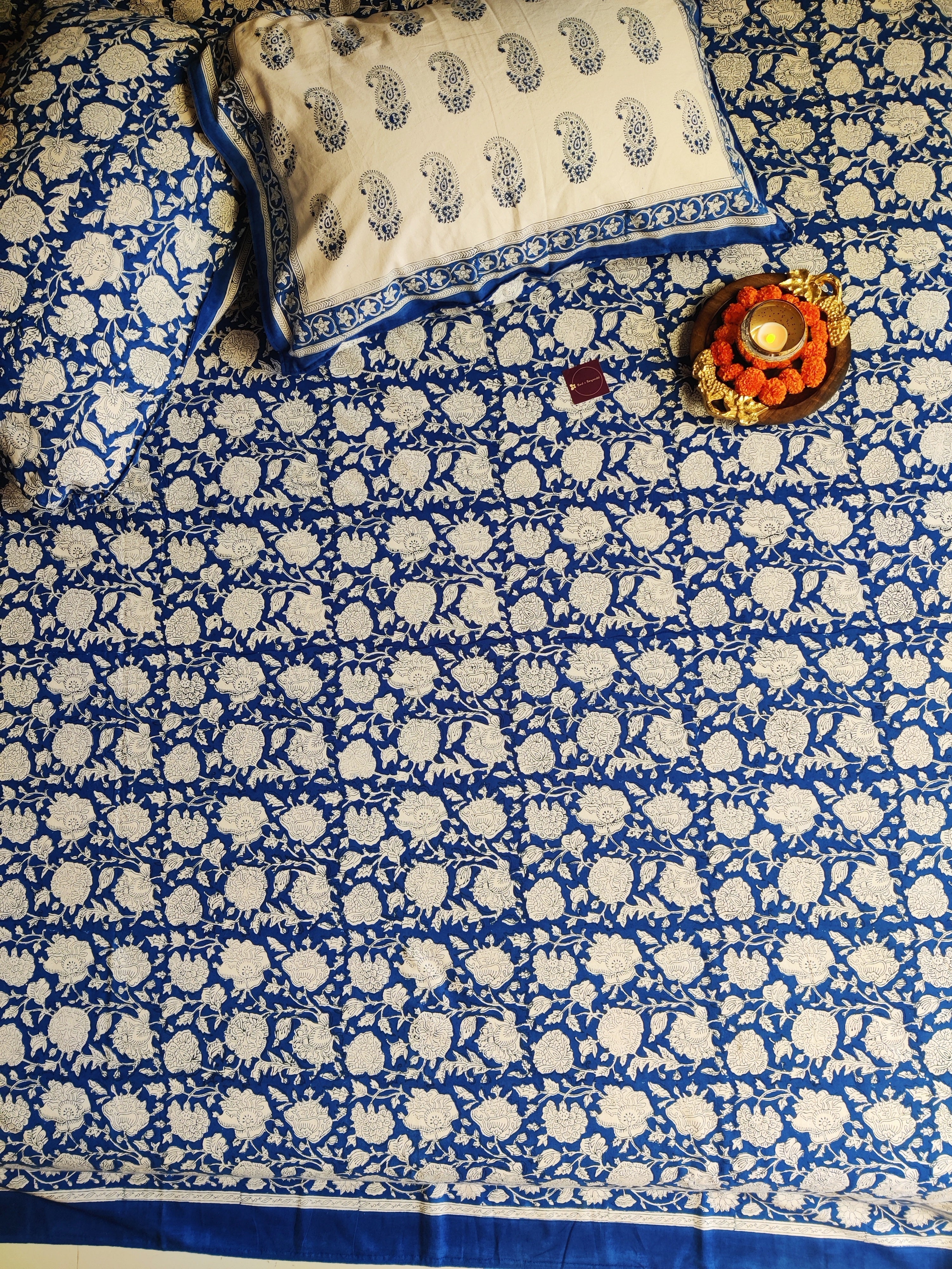 FESTIVE HAND BLOCK PRINTED BEDSHEET WITH TWO REVERSIBLE PILLOW COVERS