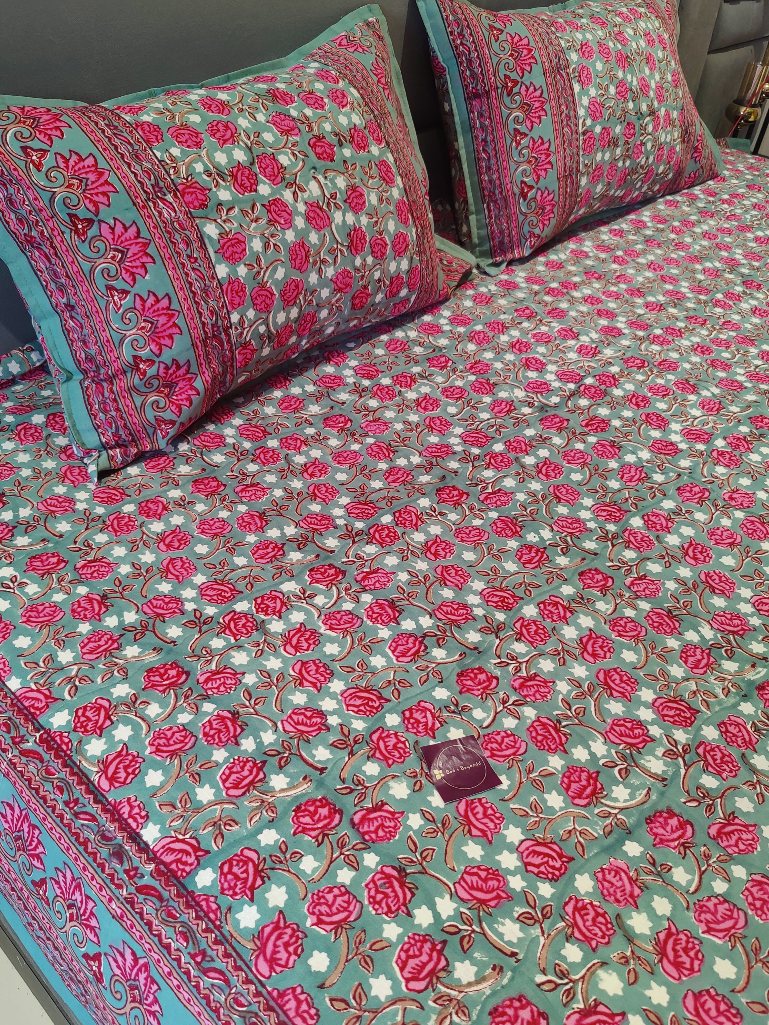 UTSAV HAND BLOCK PRINTED BEDSHEET WITH TWO REVERSIBLE PILLOW COVERS