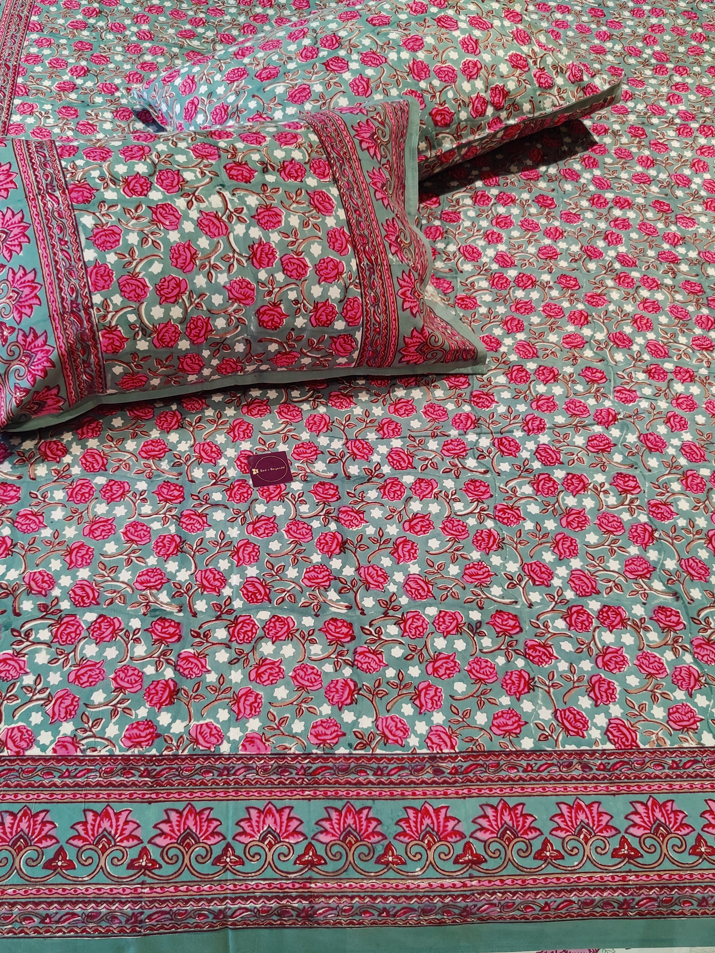 UTSAV HAND BLOCK PRINTED BEDSHEET WITH TWO REVERSIBLE PILLOW COVERS