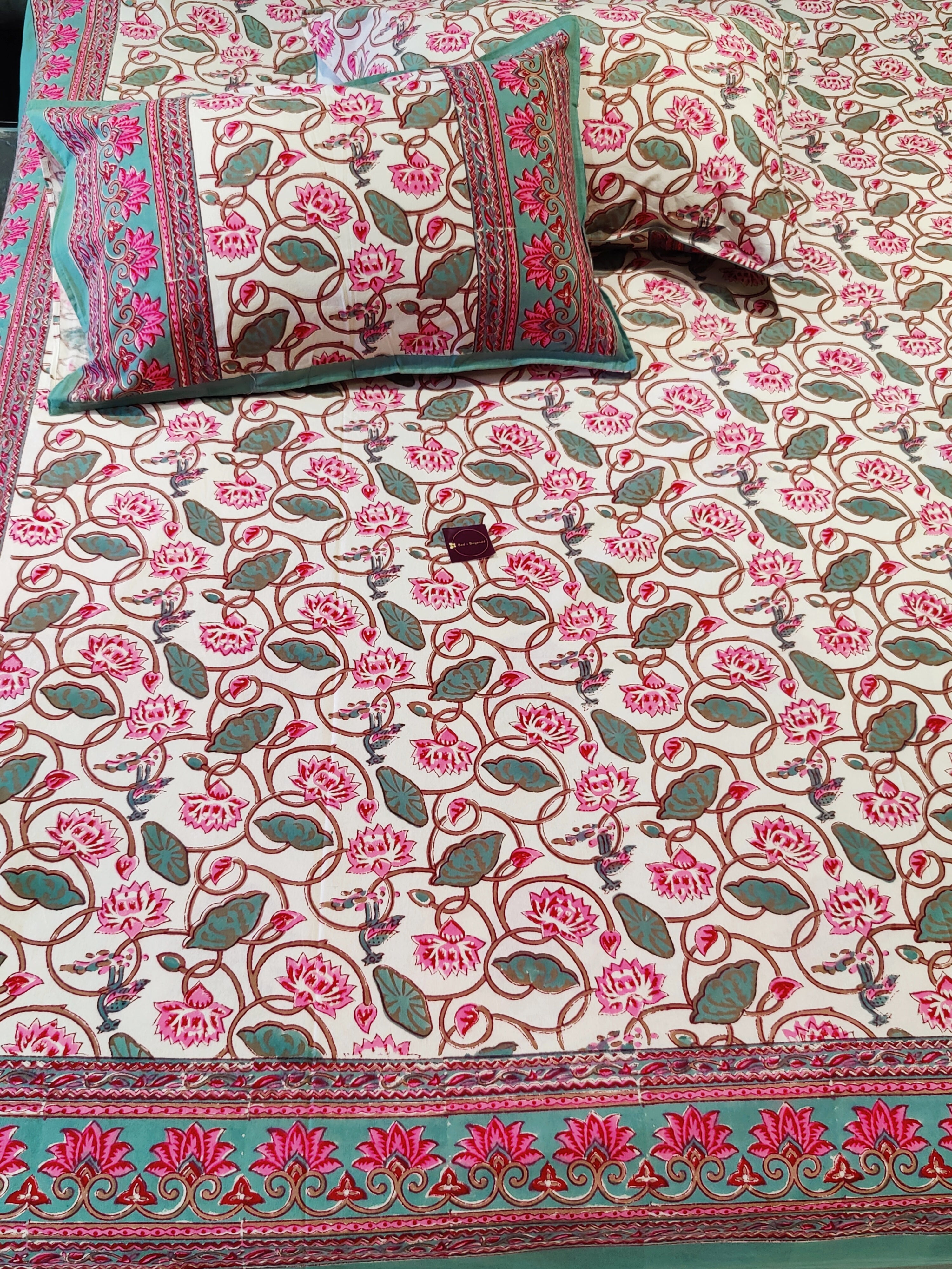 UTSAV HAND BLOCK PRINTED BEDSHEET WITH TWO REVERSIBLE PILLOW COVERS
