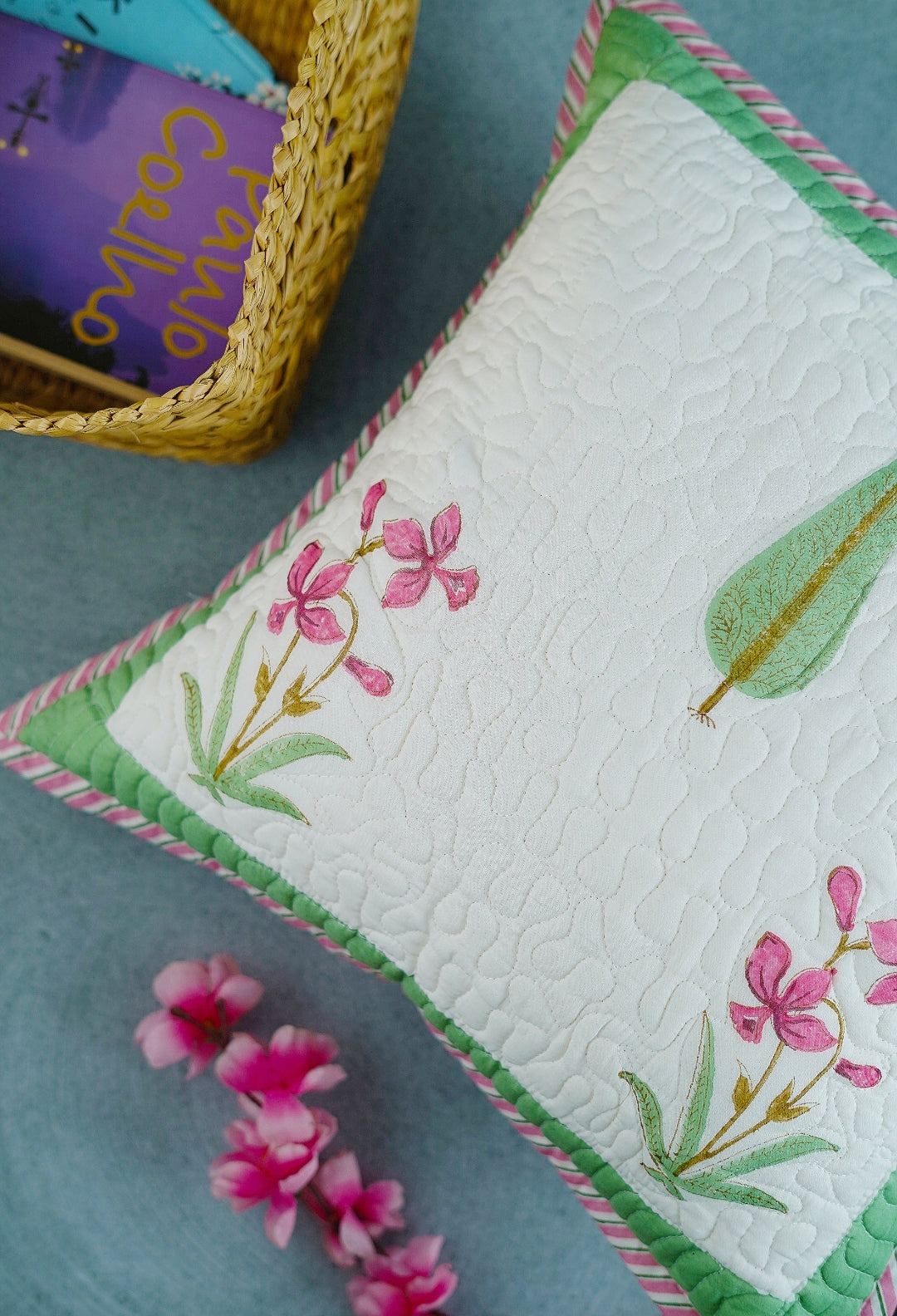 A PAIR OF HAND BLOCK PRINTED CUSHION COVER SIZE 16 by 16 INCHES