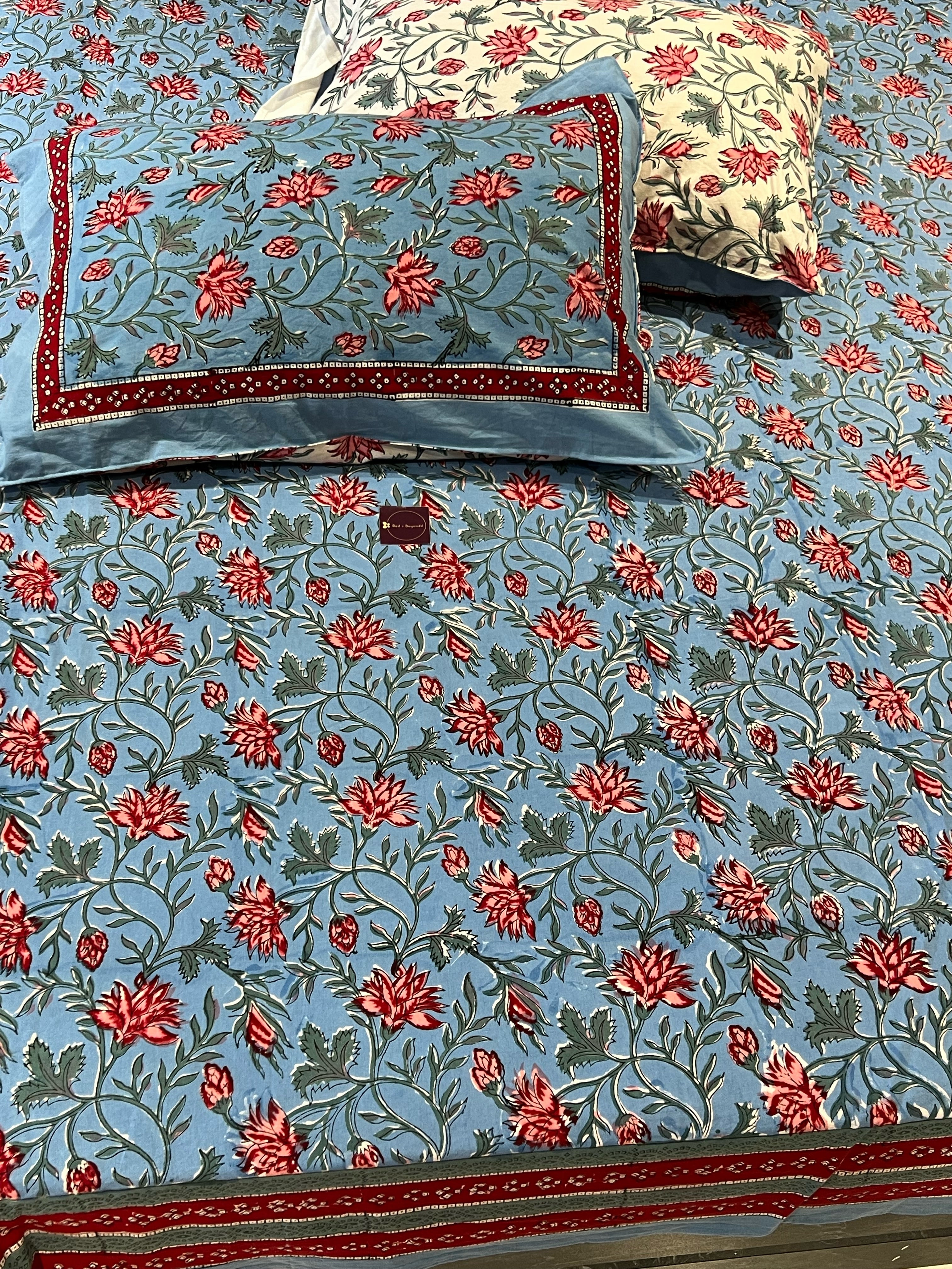 FESTIVE HAND BLOCK PRINTED BEDSHEET WITH TWO REVERSIBLE PILLOW COVERS