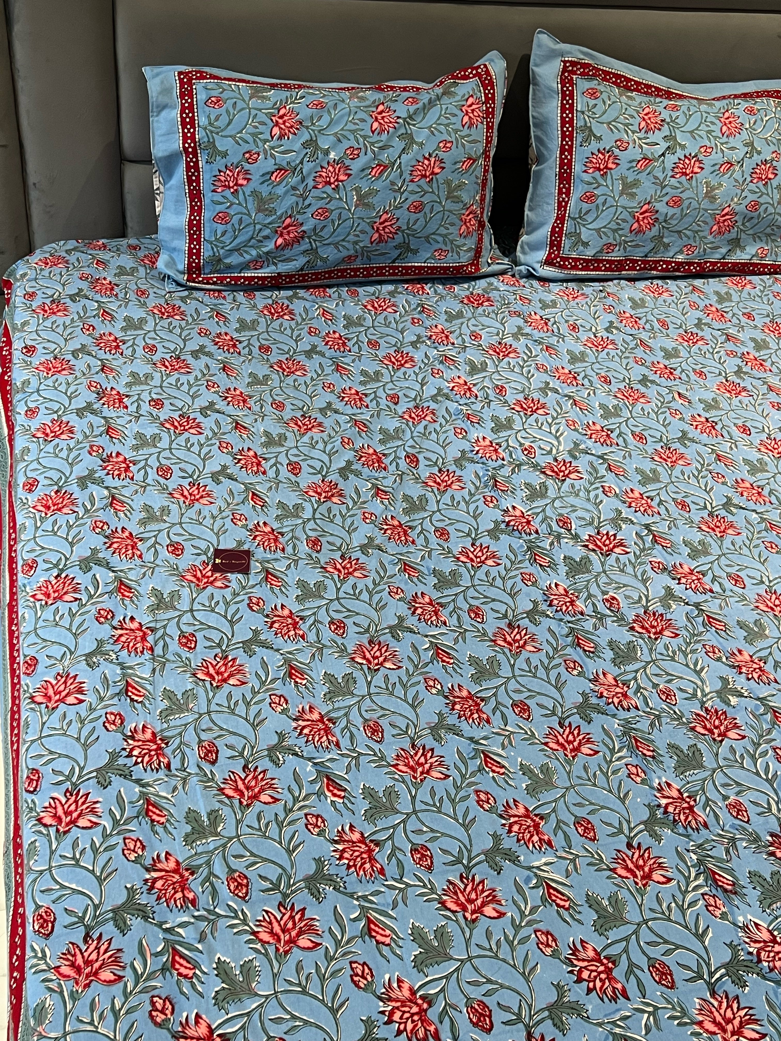 FESTIVE HAND BLOCK PRINTED BEDSHEET WITH TWO REVERSIBLE PILLOW COVERS