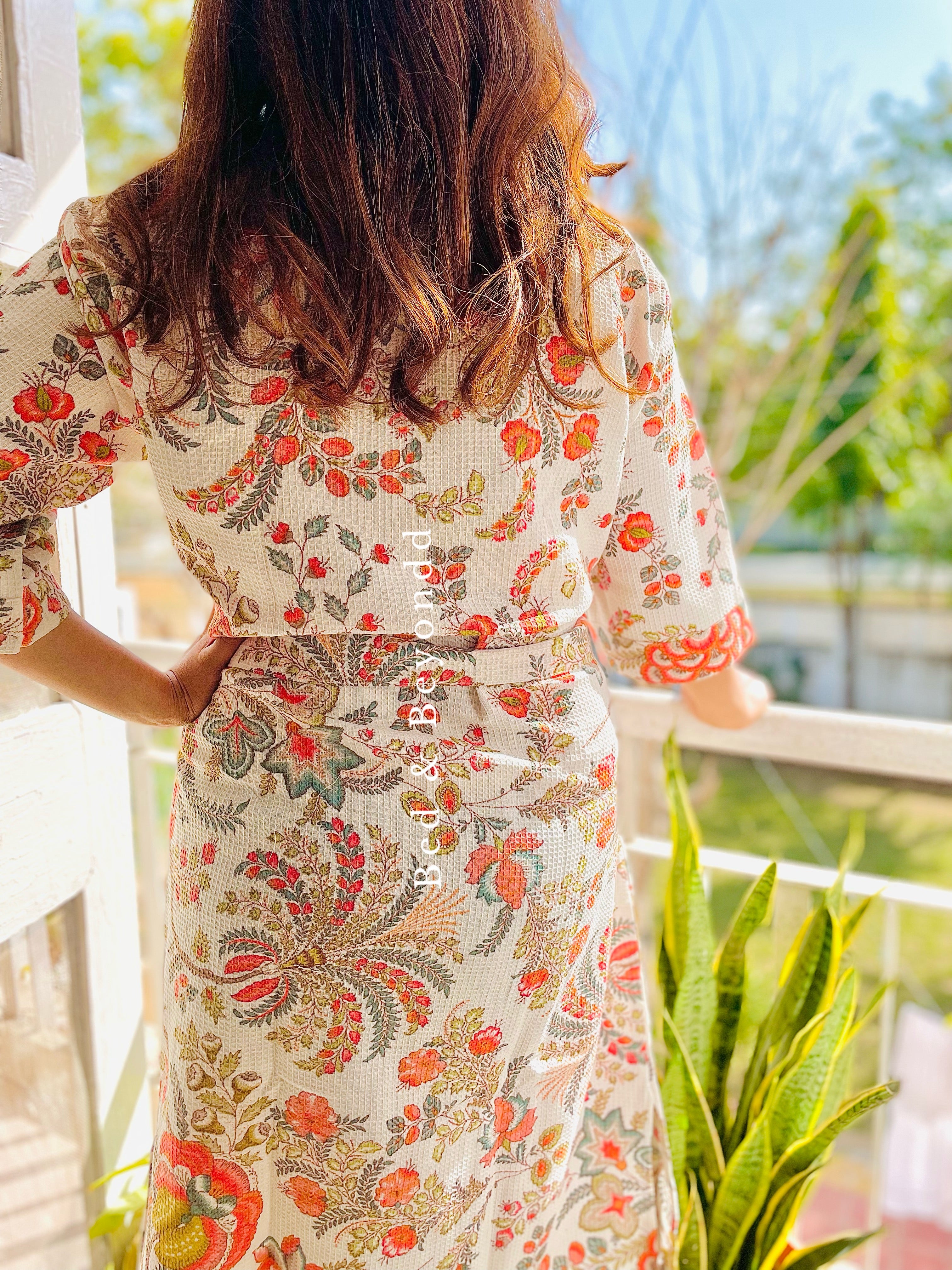 Vanilla White Waffle Cotton Floral Bath Robe