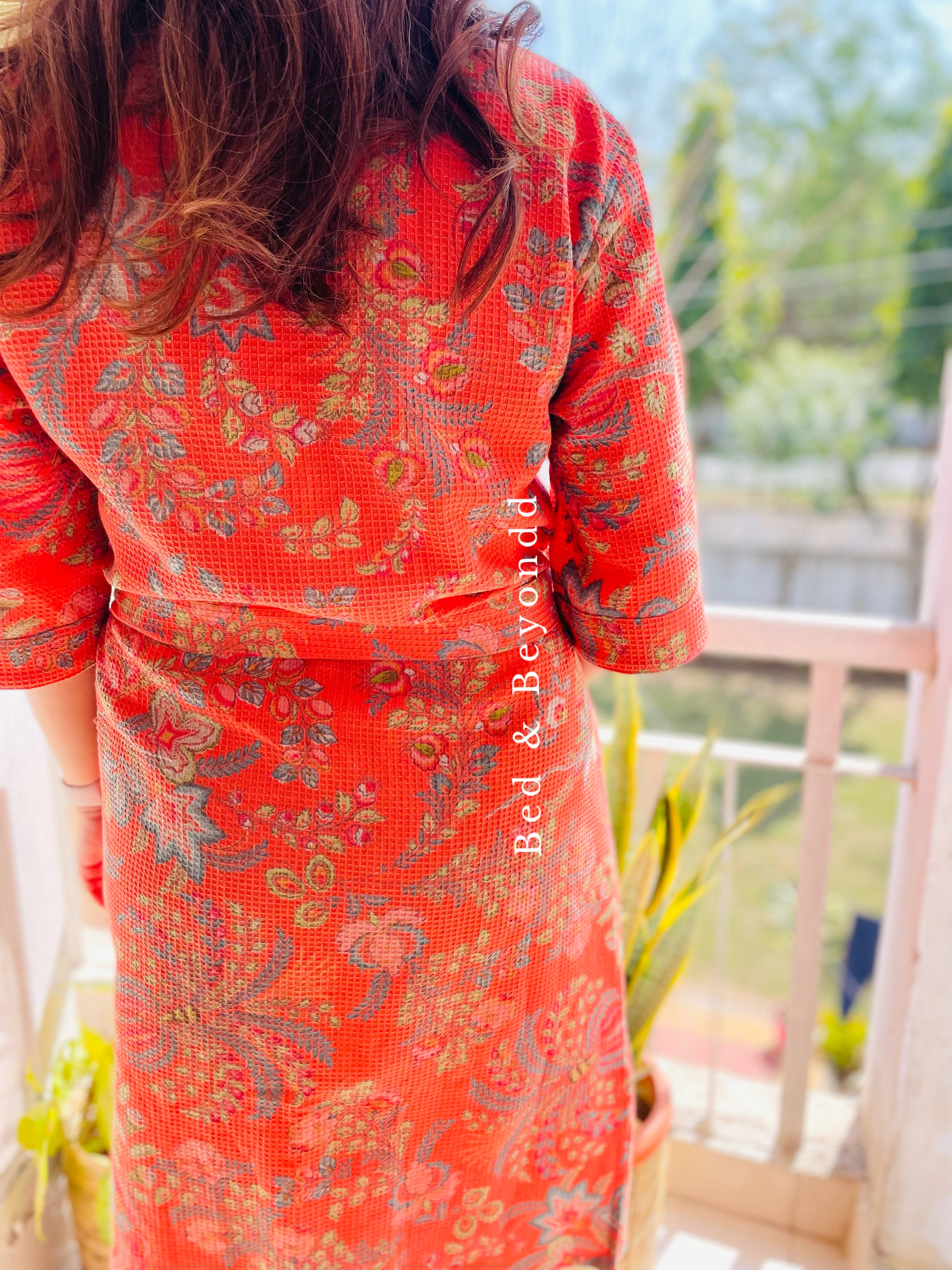 Crimson Waffle Cotton Floral Bath Robe