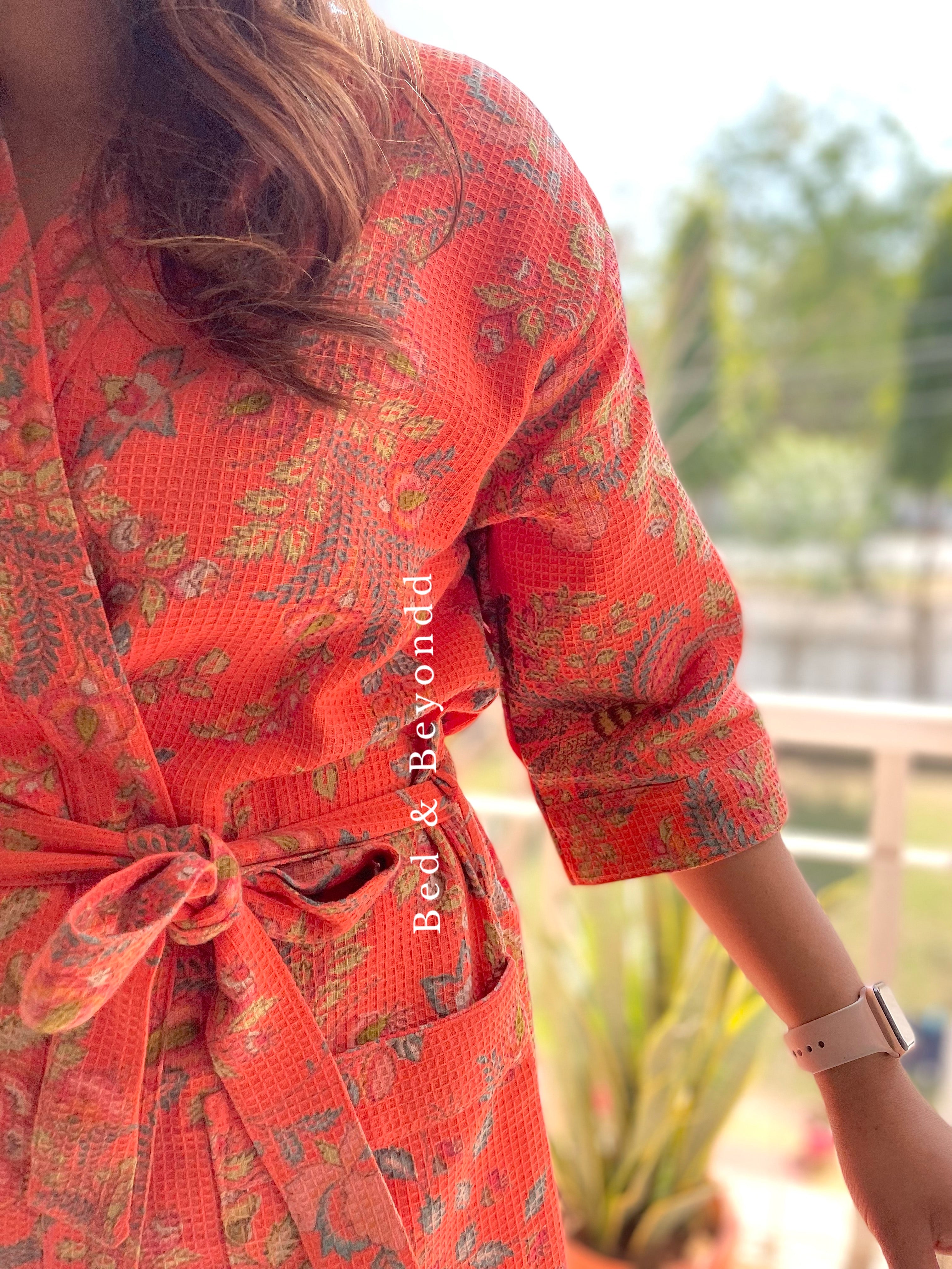 Crimson Waffle Cotton Floral Bath Robe