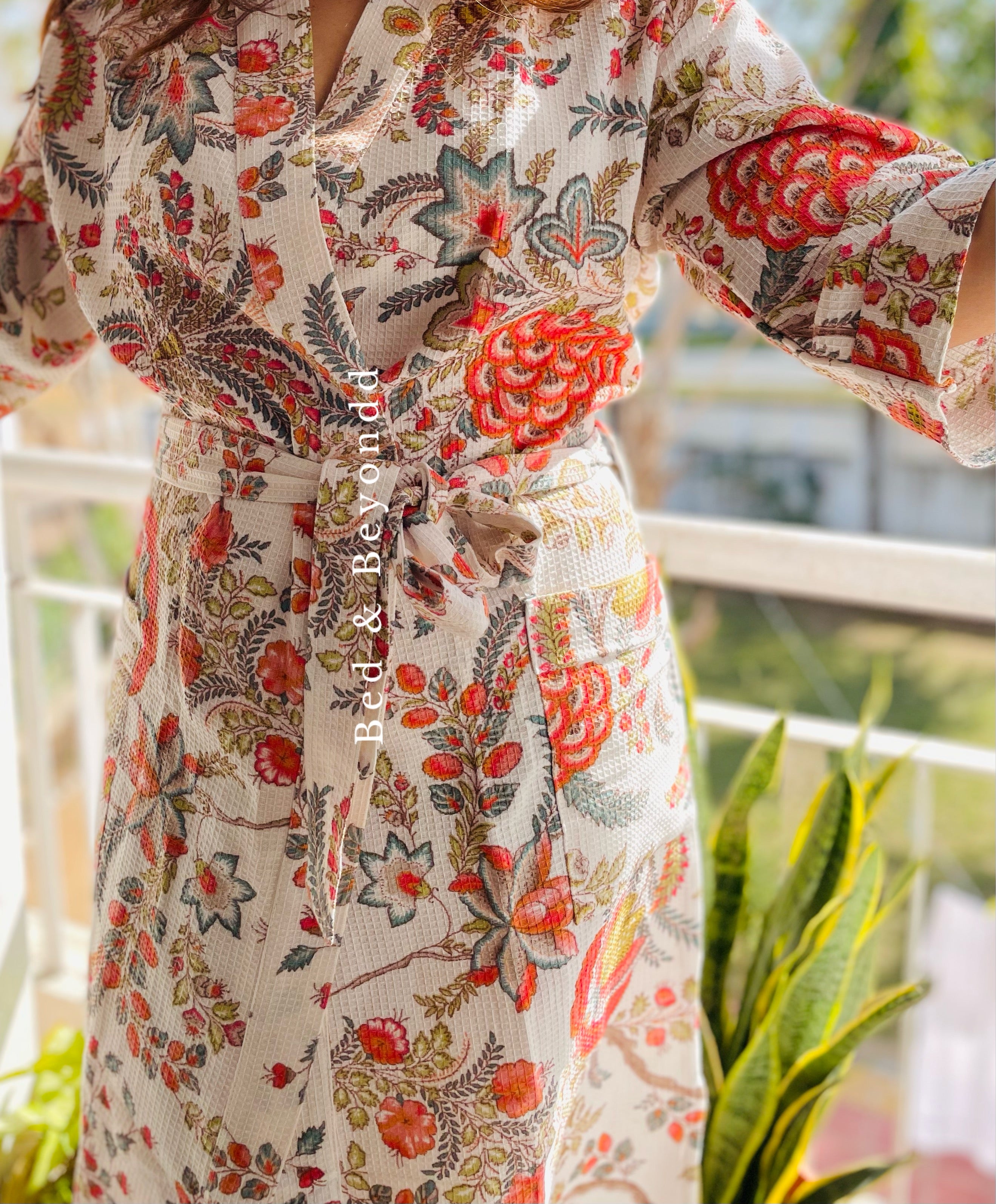 Vanilla White Waffle Cotton Floral Bath Robe