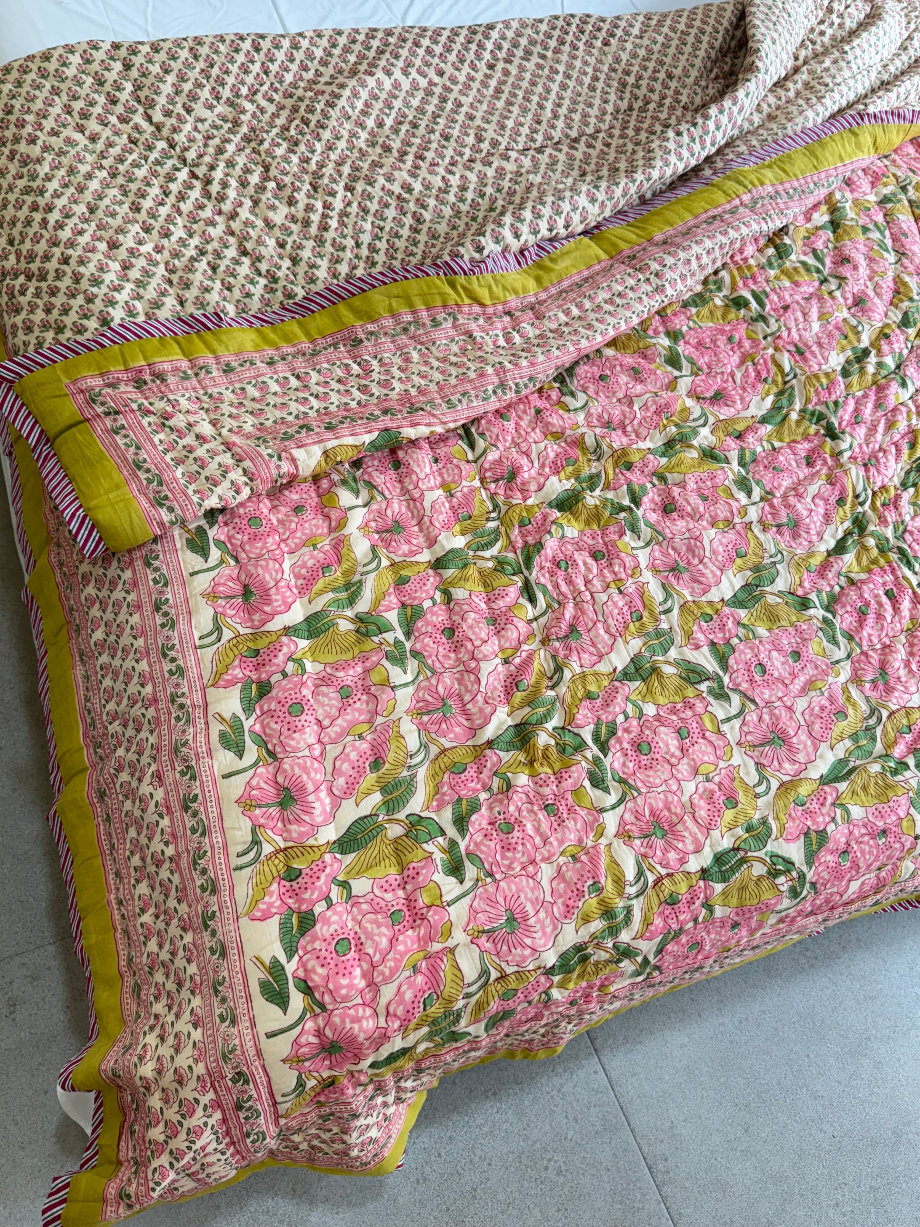 FESTIVE HAND BLOCK PRINTED REVERSIBLE QUILT (DOUBLE BED)