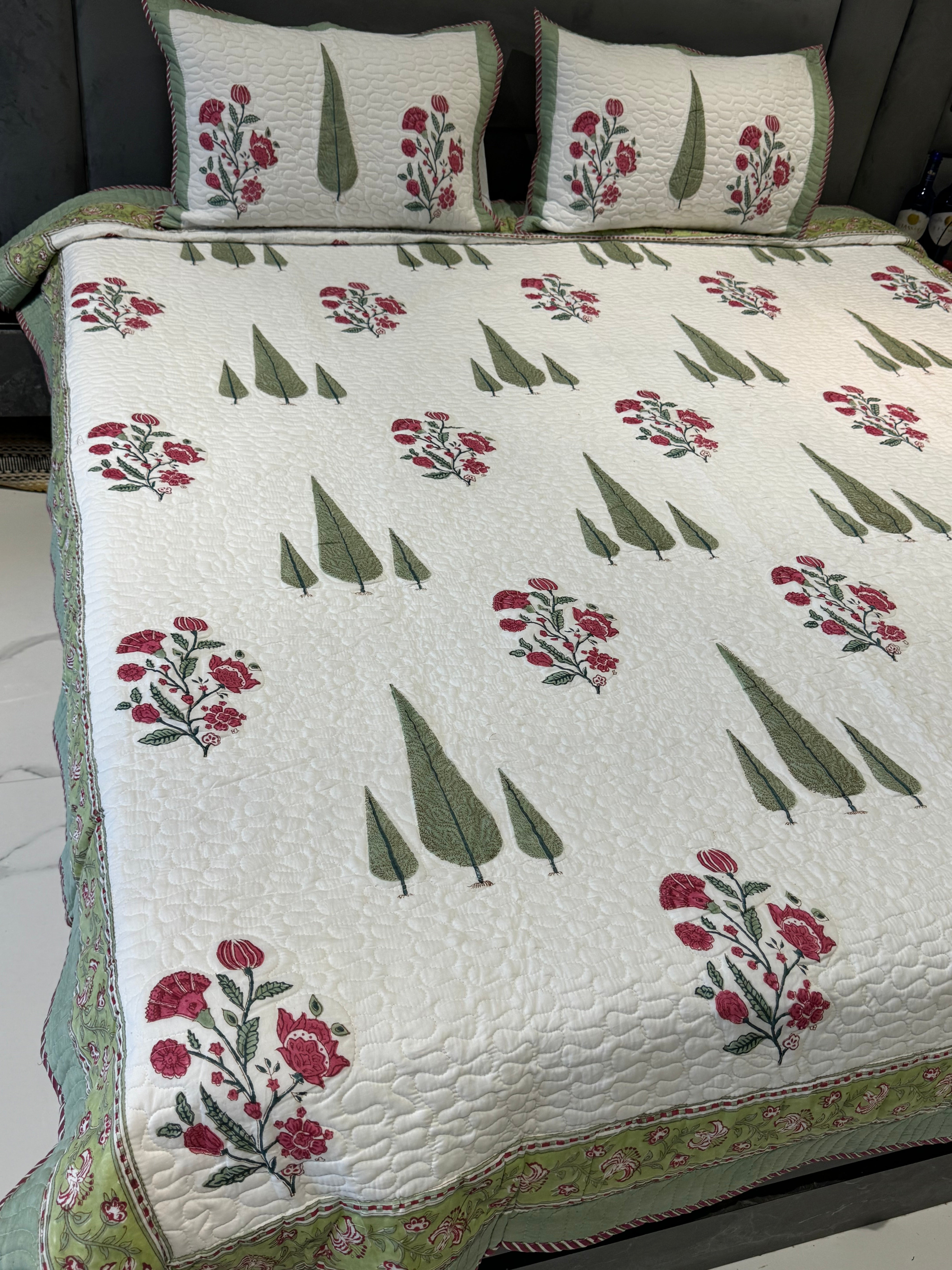 REVERSIBLE TRIPLE CYPRESS HANDBLOCK PRINTED QUILTED BEDCOVER