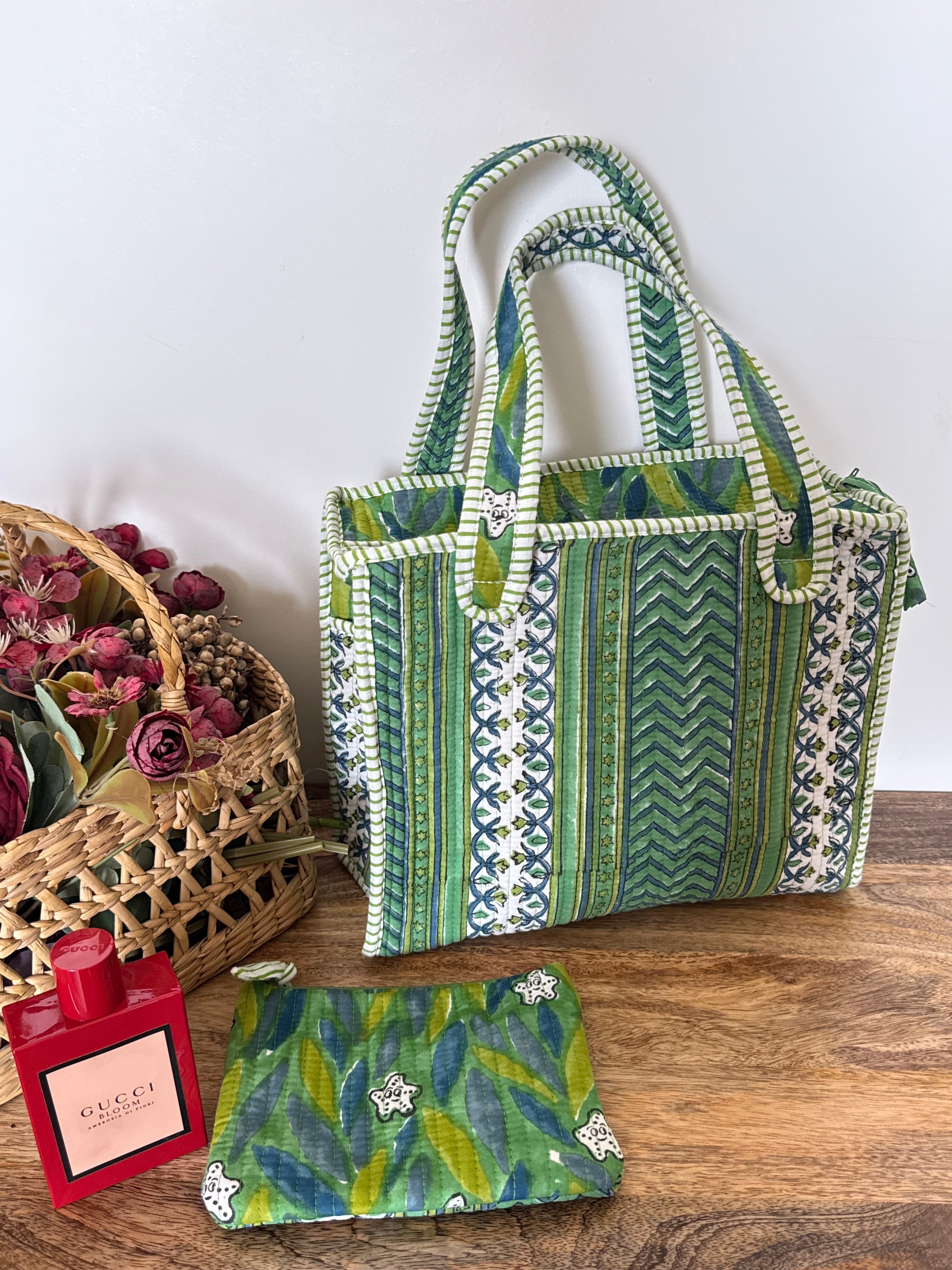 REVERSIBLE MINI TOTE BAG WITH MATCHING FLAT POUCH SET