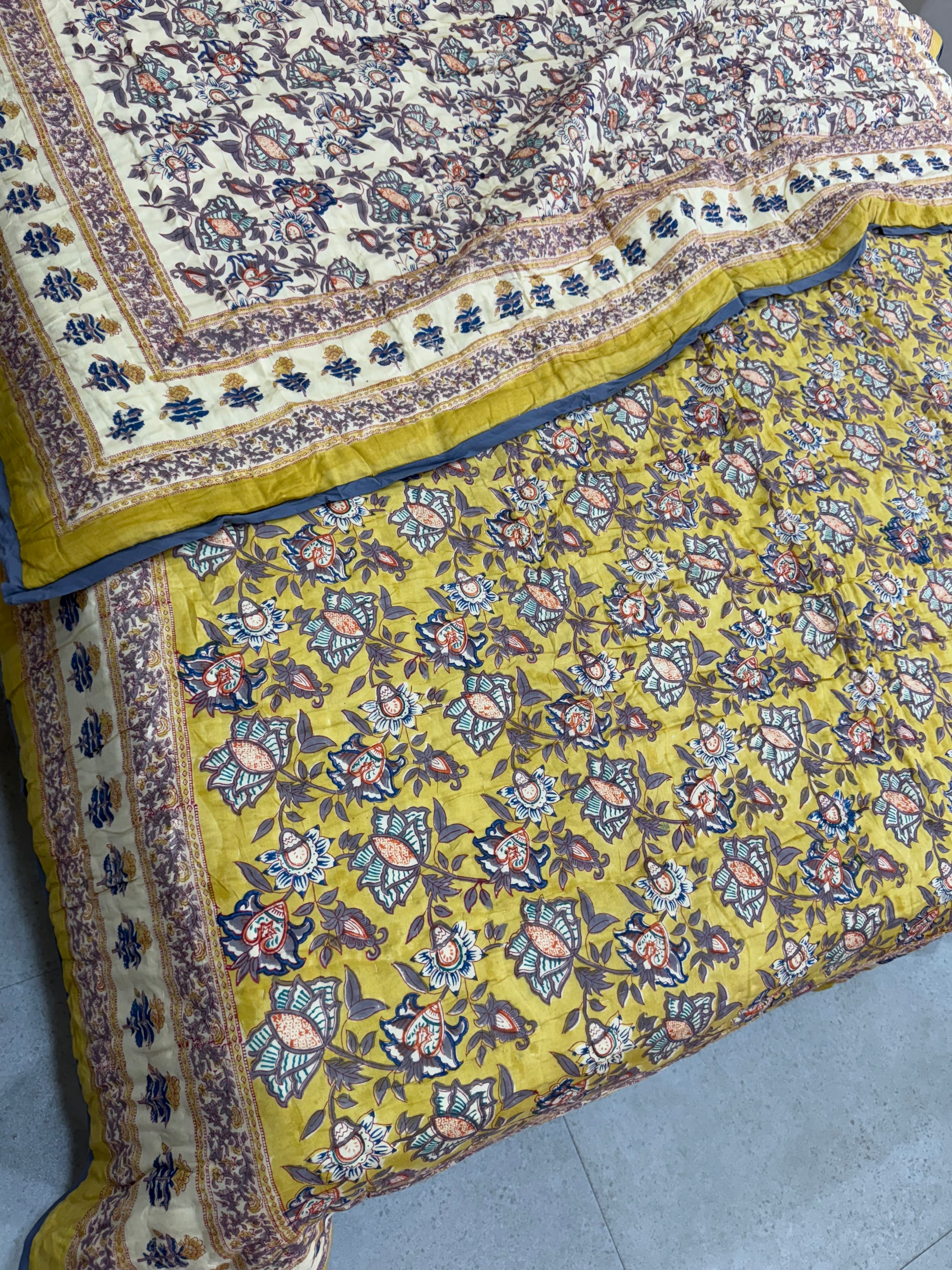 FESTIVE HAND BLOCK PRINTED REVERSIBLE QUILT (DOUBLE BED)