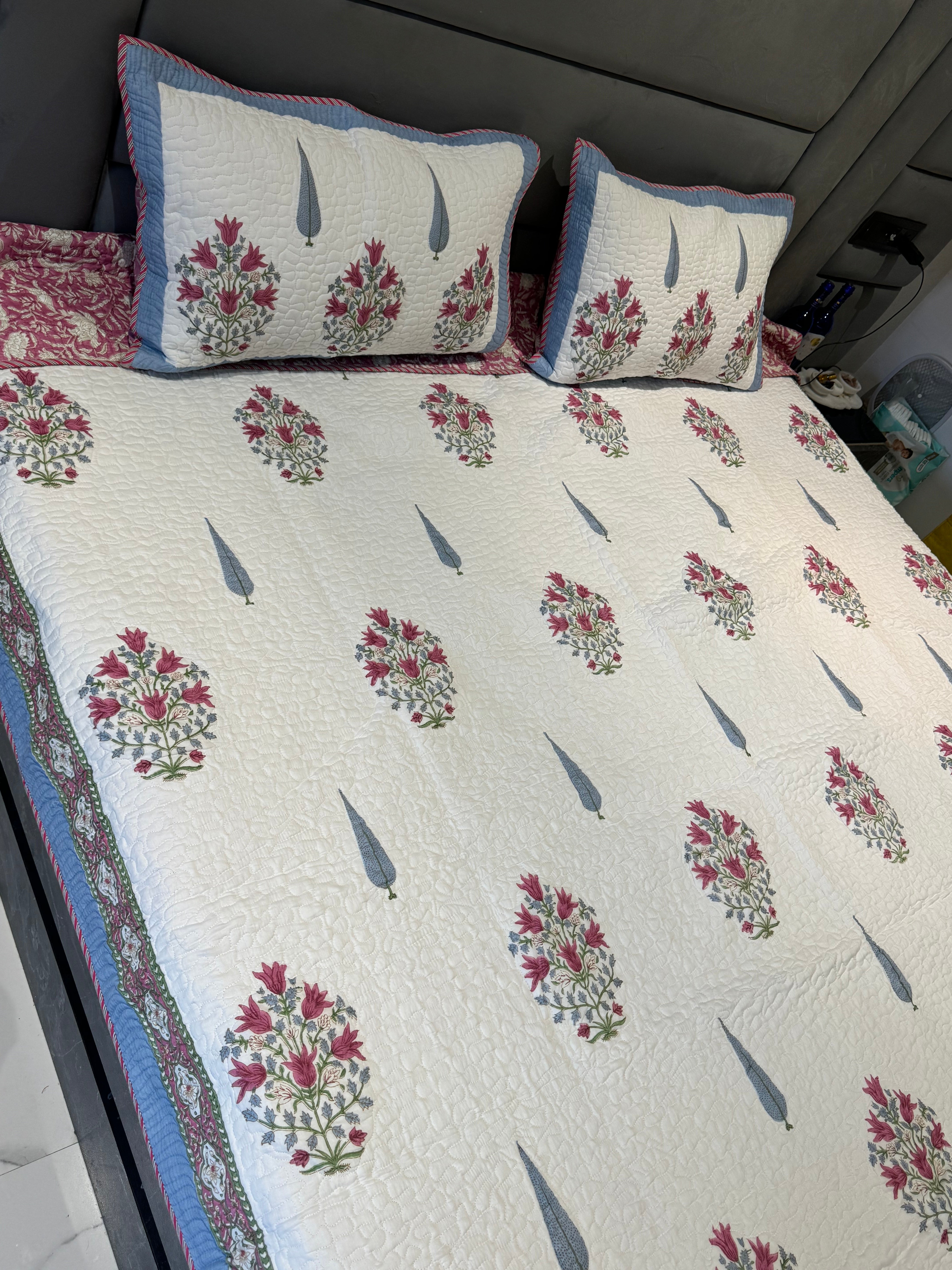 REVERSIBLE SUMAN HAND BLOCK PRINTED QUILTED BEDCOVER