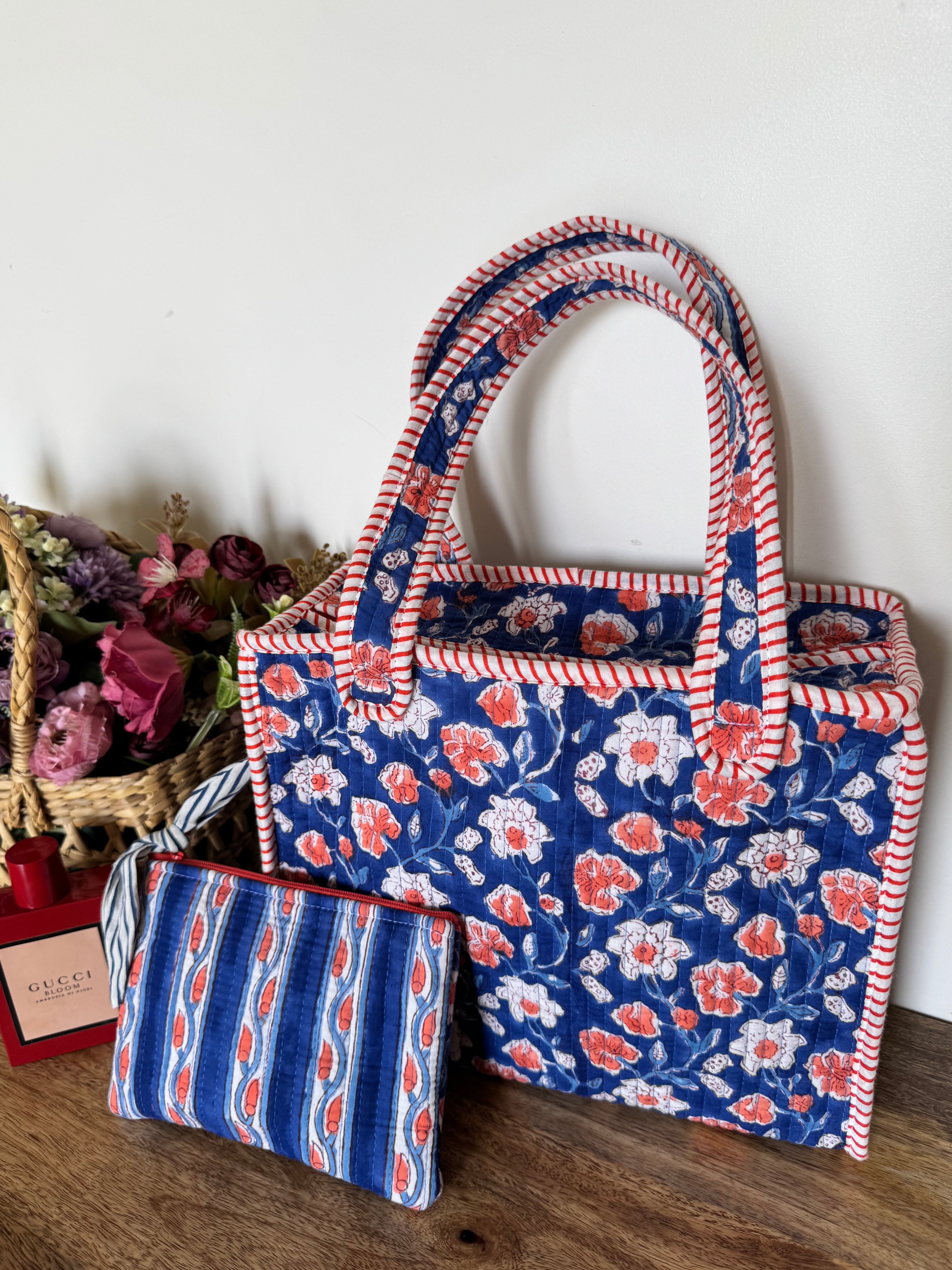 REVERSIBLE MINI TOTE BAG WITH MATCHING FLAT POUCH SET