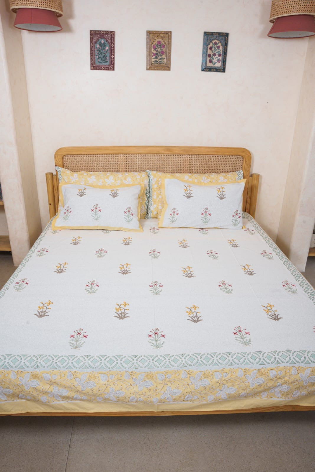 RASHIKA HAND BLOCK PRINTED BEDSHEET WITH TWO REVERSIBLE PILLOW COVERS