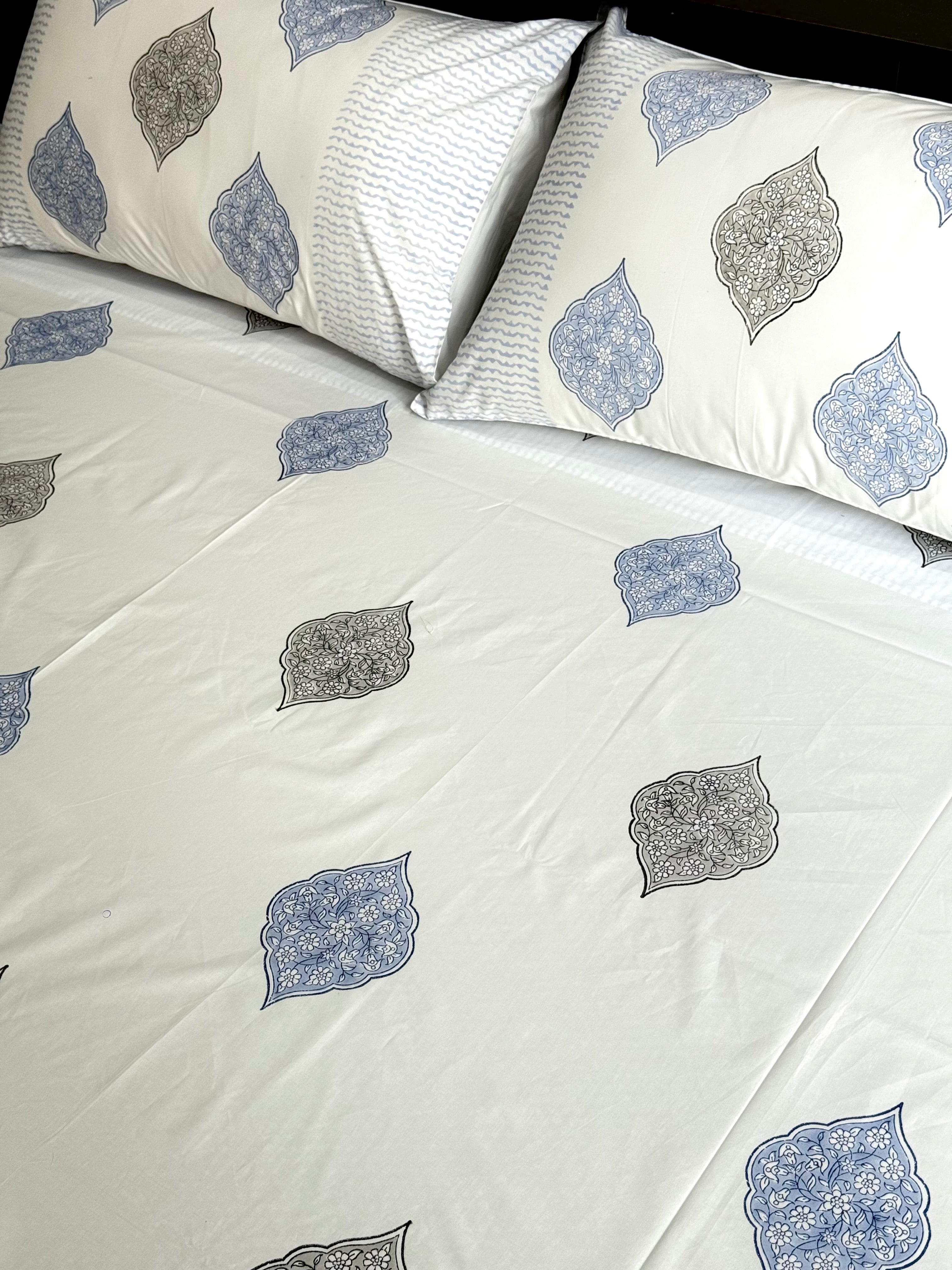 BIANCA HAND BLOCK PRINTED BEDSHEET WITH TWO REVERSIBLE PILLOW COVERS