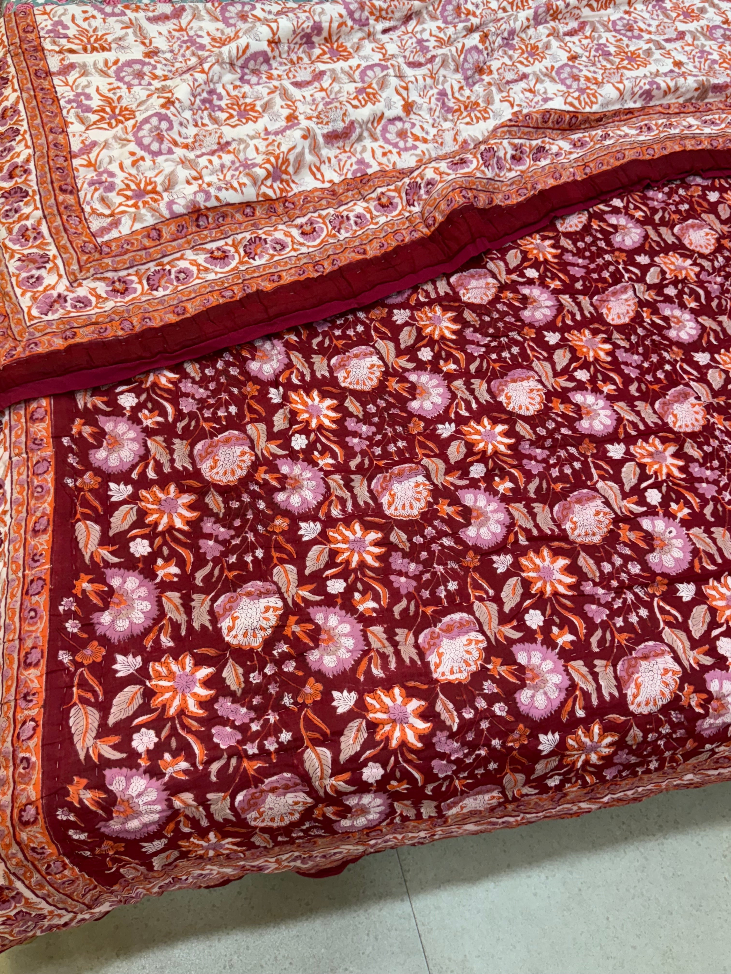 FESTIVE HAND BLOCK PRINTED REVERSIBLE QUILT (SINGLE BED)
