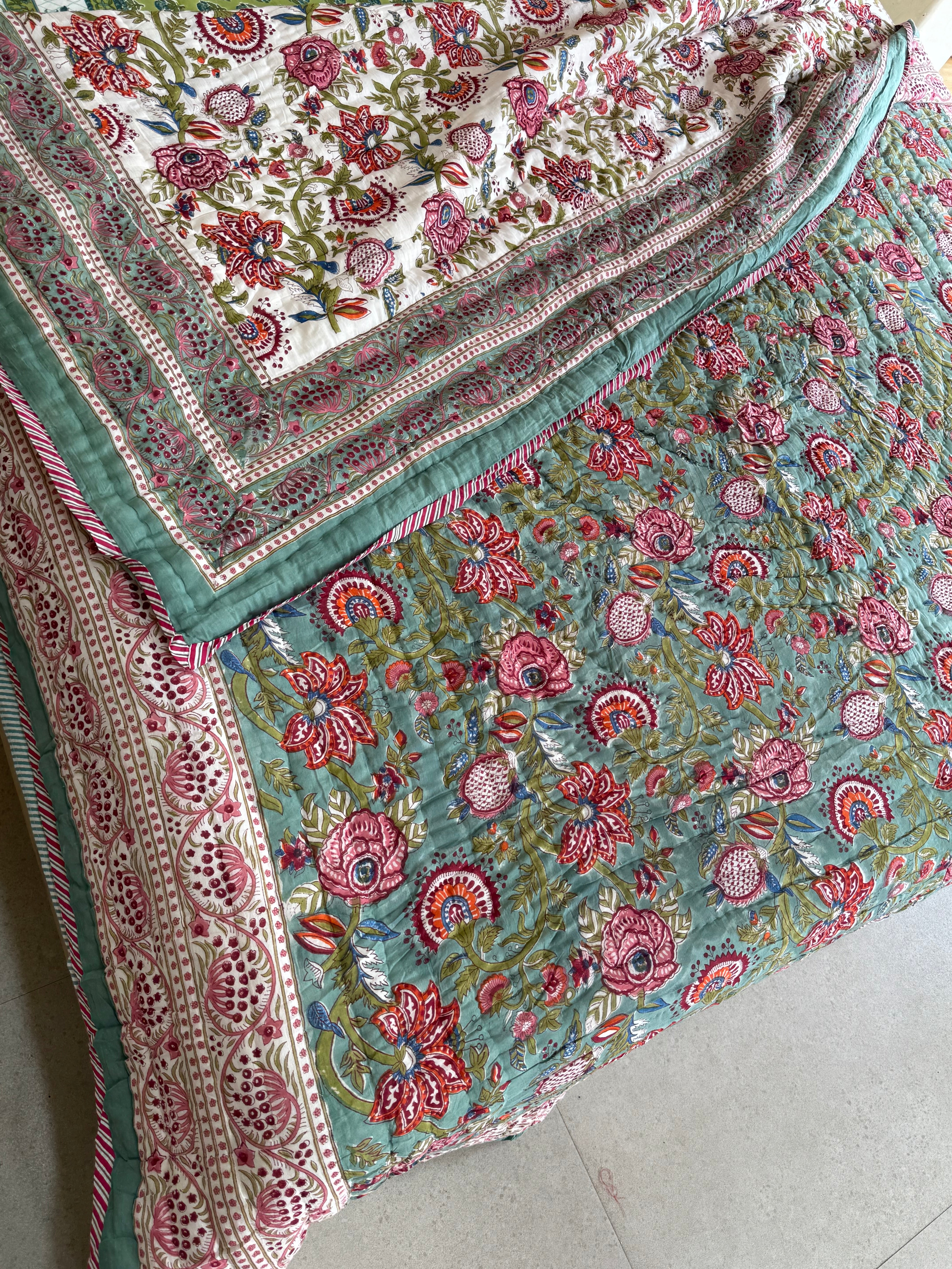 FESTIVE HAND BLOCK PRINTED REVERSIBLE QUILT (DOUBLE BED)