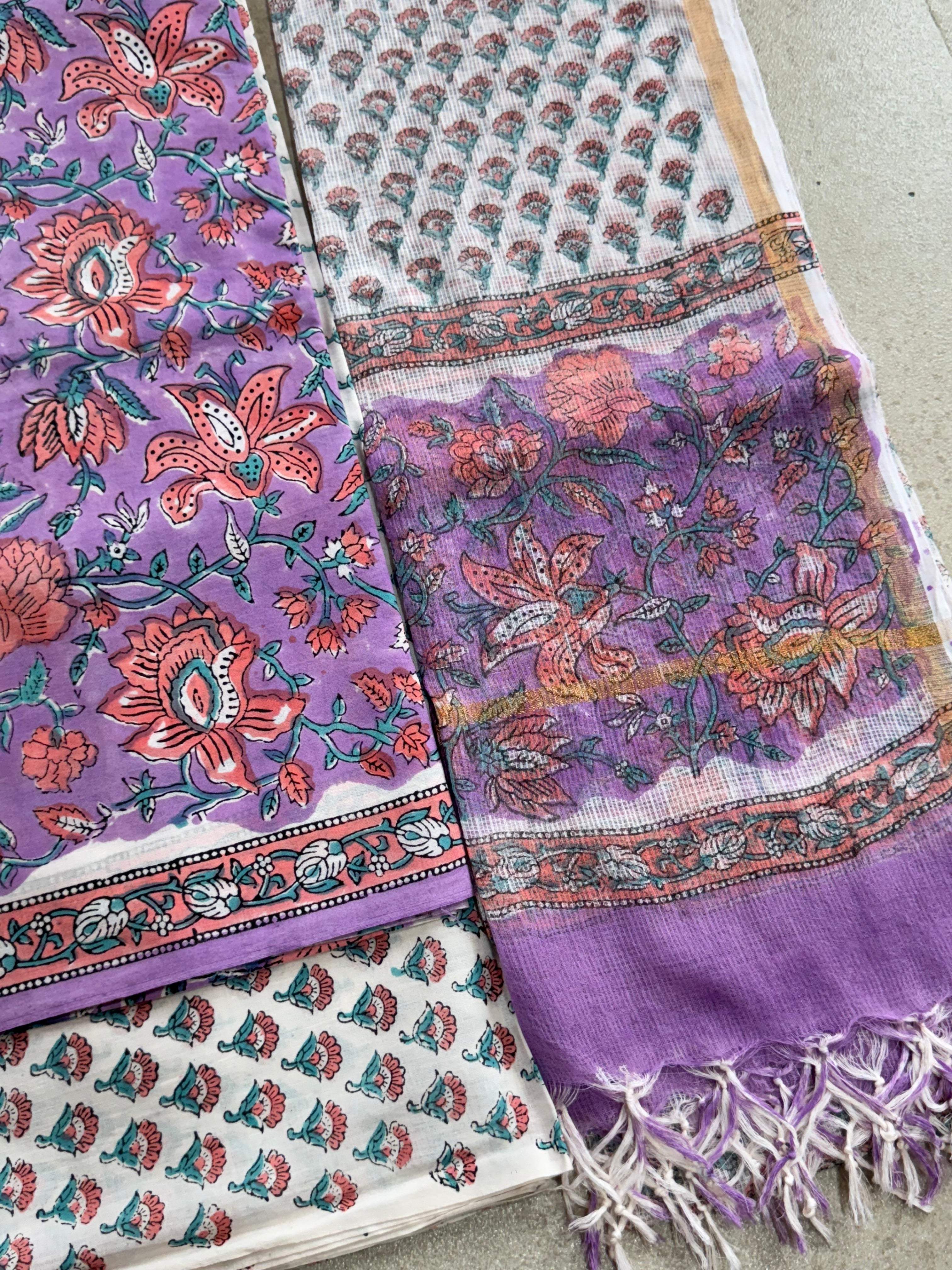 HAND BLOCK PRINTED COTTON WITH KOTA DORIYA DUPATTA UNSTITCHED SUIT