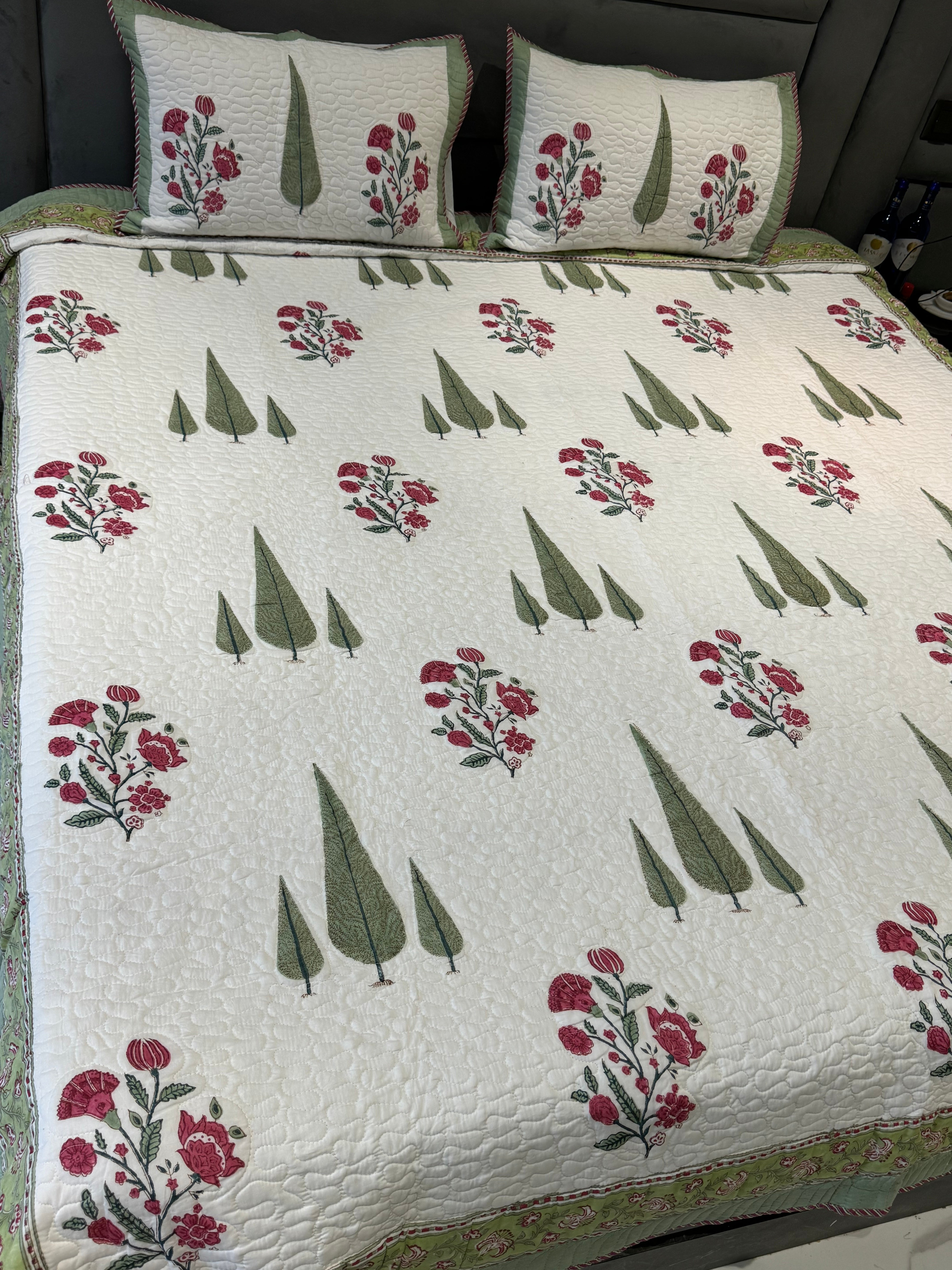 REVERSIBLE TRIPLE CYPRESS HANDBLOCK PRINTED QUILTED BEDCOVER