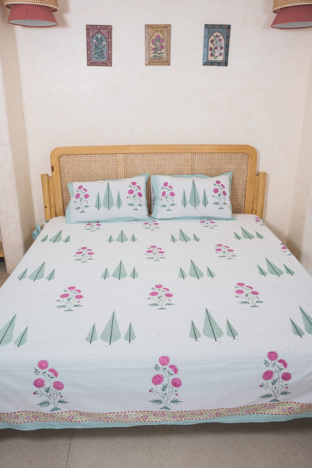 GARDEN DRIFT HAND BLOCK PRINTED BEDSHEET WITH TWO REVERSIBLE PILLOW COVERS