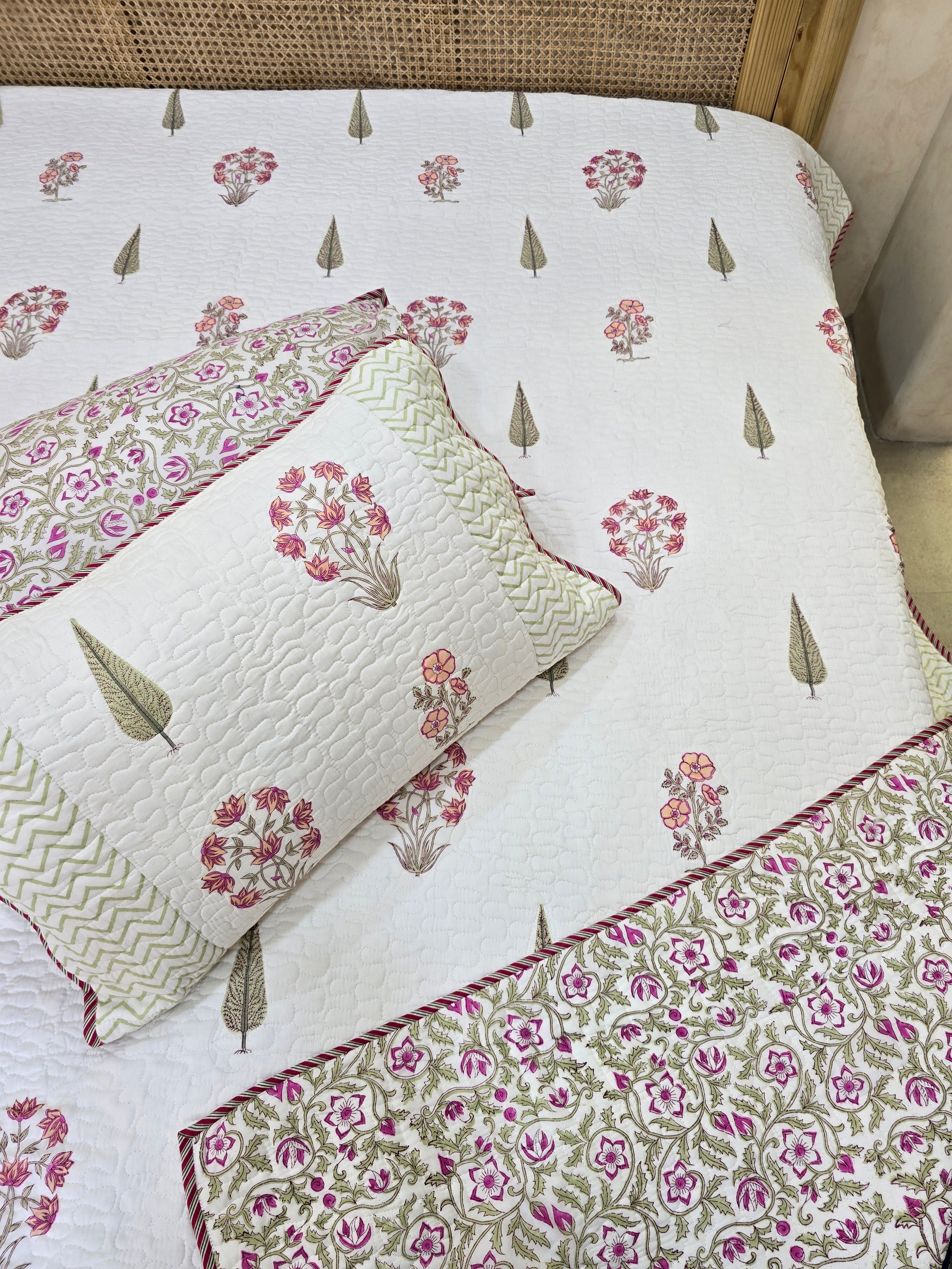 REVERSIBLE HAND BLOCK PRINTED QUILTED BEDCOVER 90*108