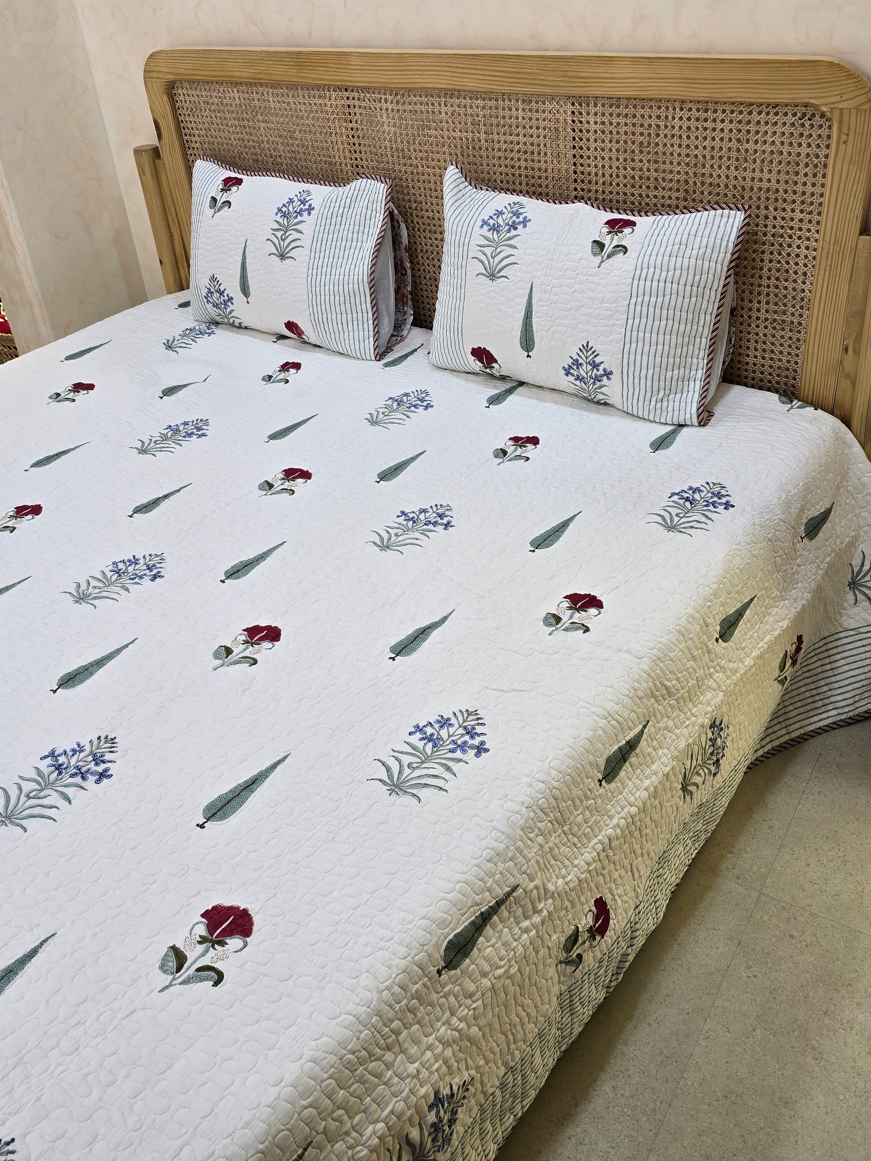 HANDBLOCK PRINTED REVERSIBLE QUILTED BEDCOVER 108*108