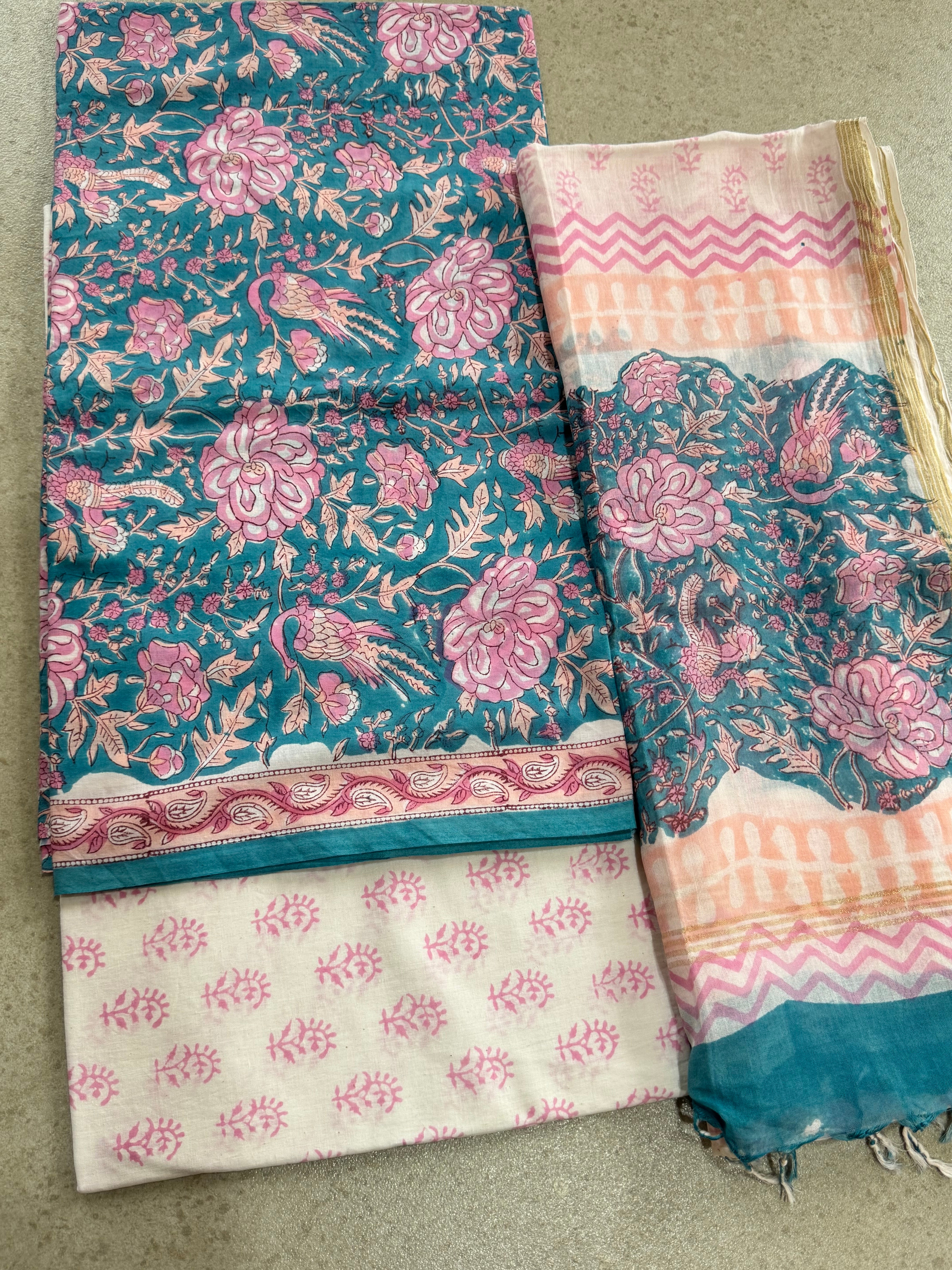 HAND BLOCK PRINTED COTTON UNSTITCHED SUIT WITH MULMUL DUPATTA