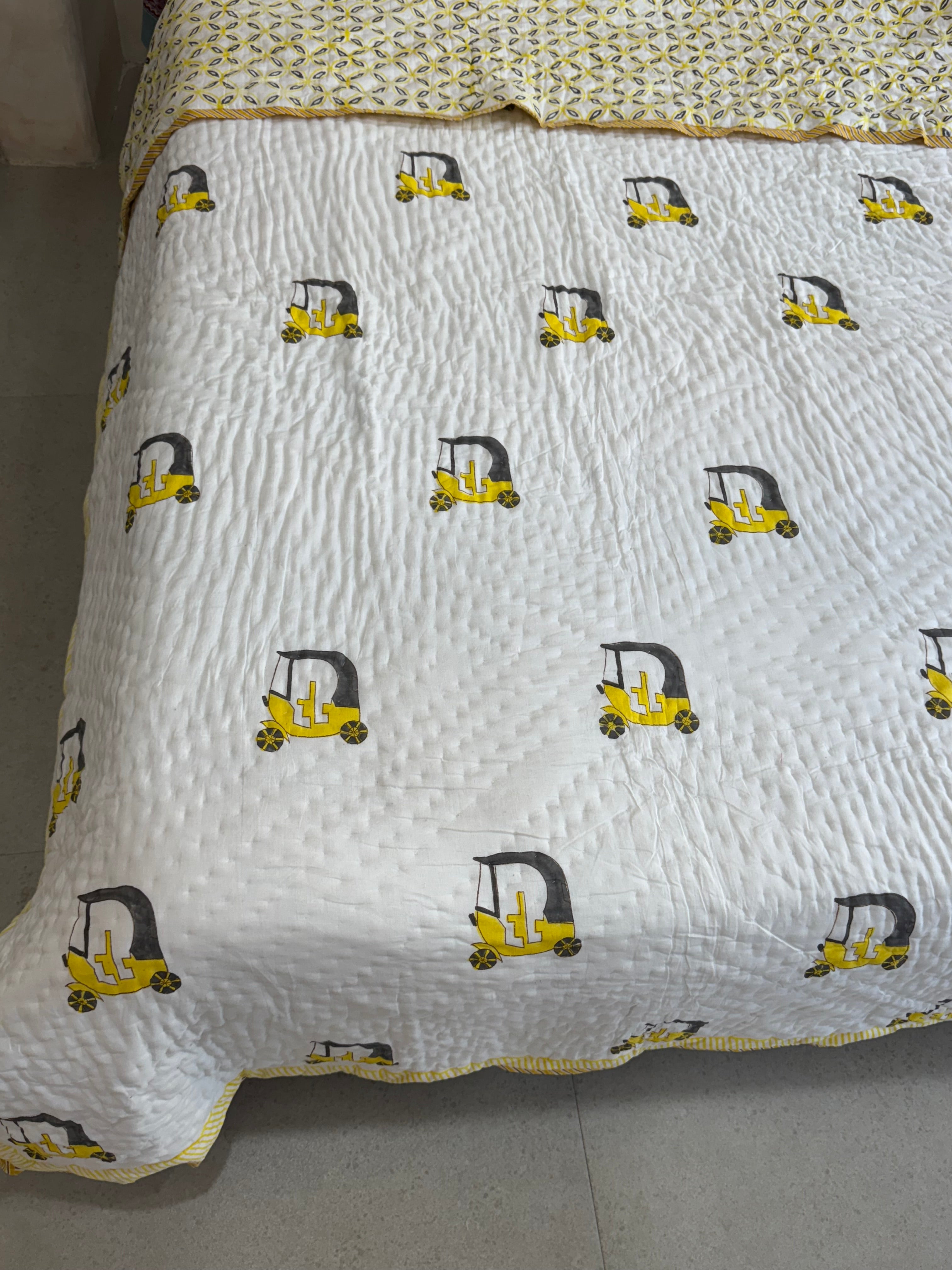 SINGLE BED HANDBLOCK PRINTED REVERSIBLE MULMUL KIDS QUILT (5 years till Adult Size)