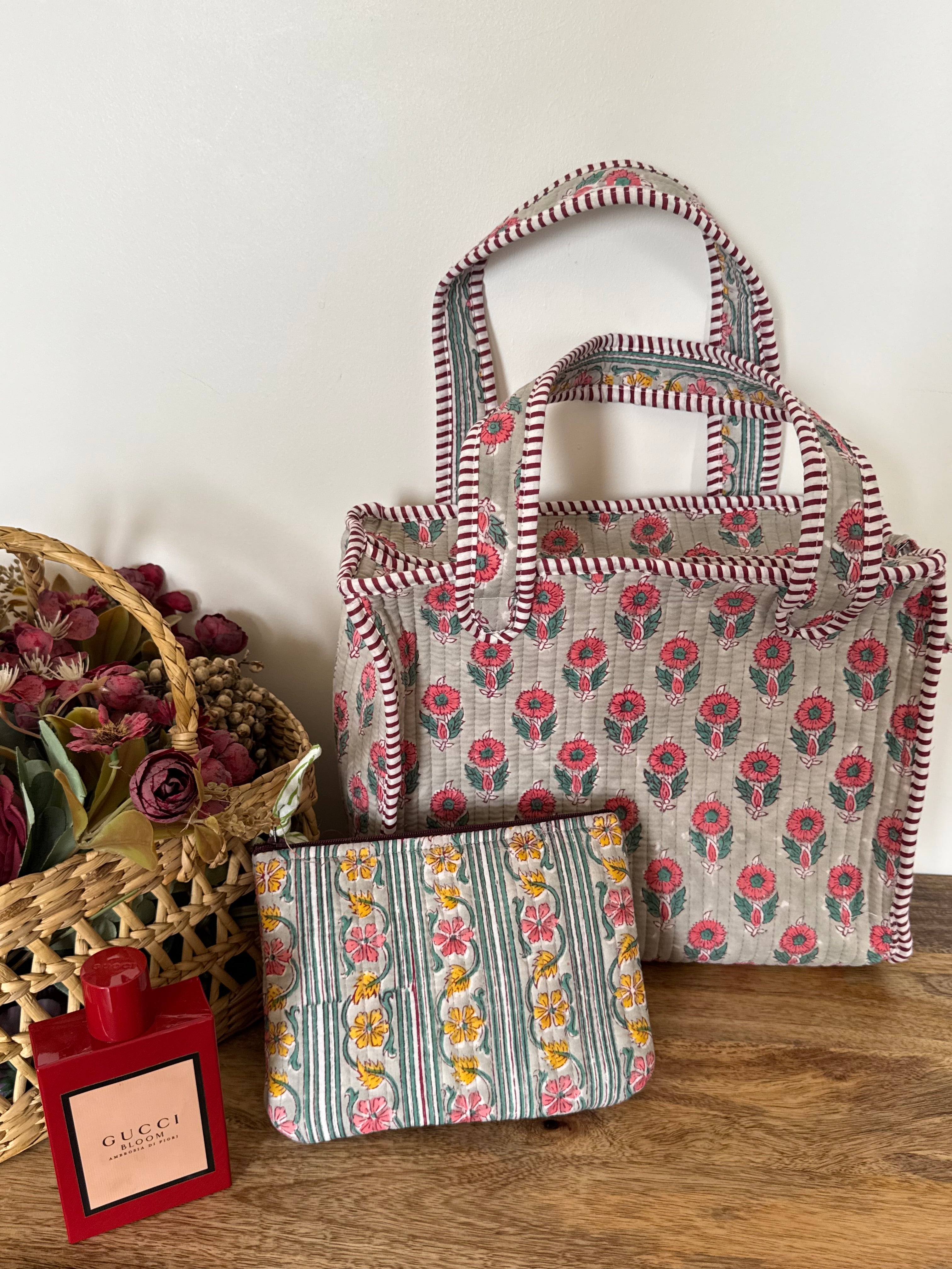 REVERSIBLE MINI TOTE BAG WITH MATCHING FLAT POUCH SET