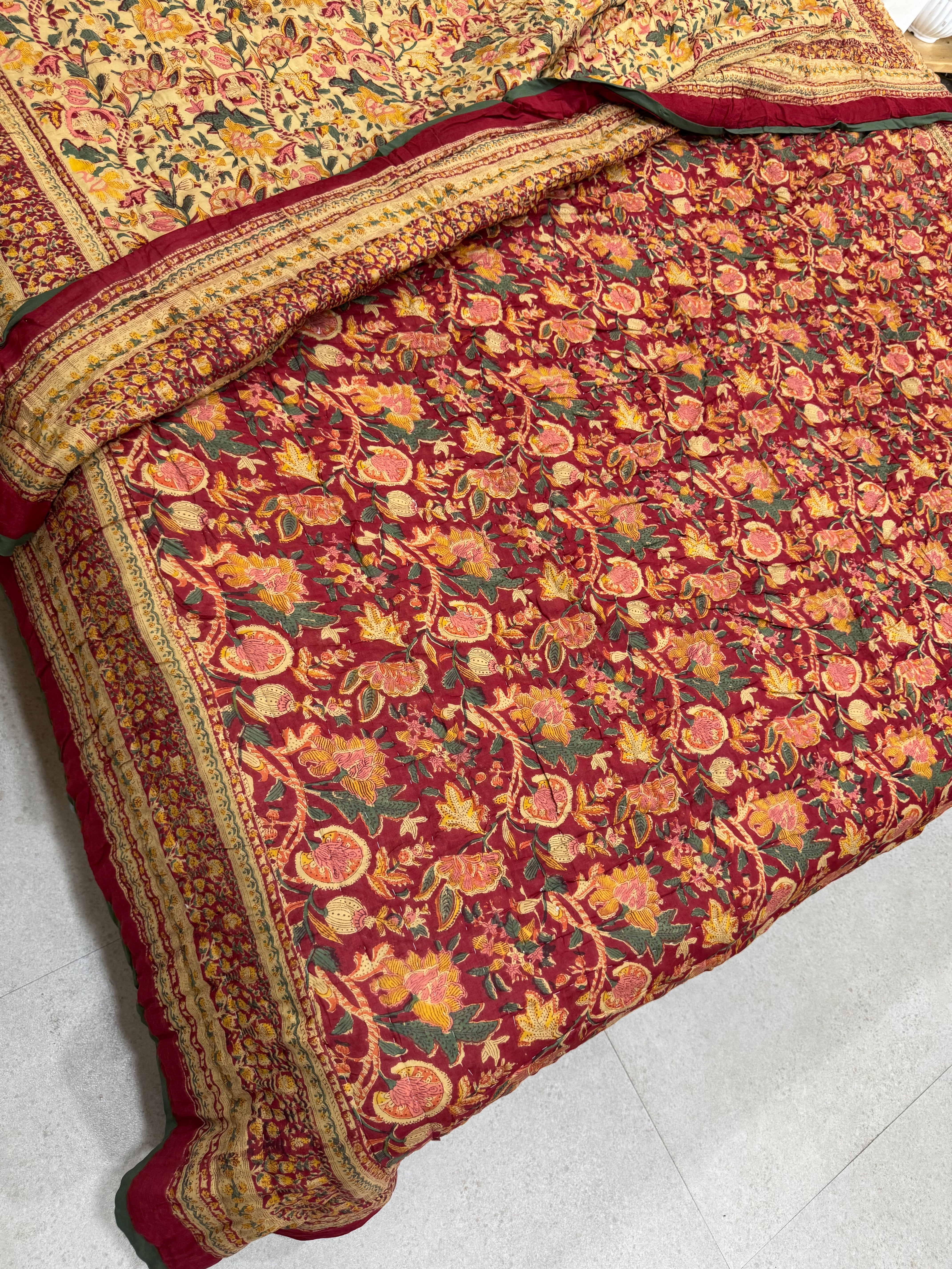FESTIVE HAND BLOCK PRINTED REVERSIBLE QUILT (DOUBLE BED)