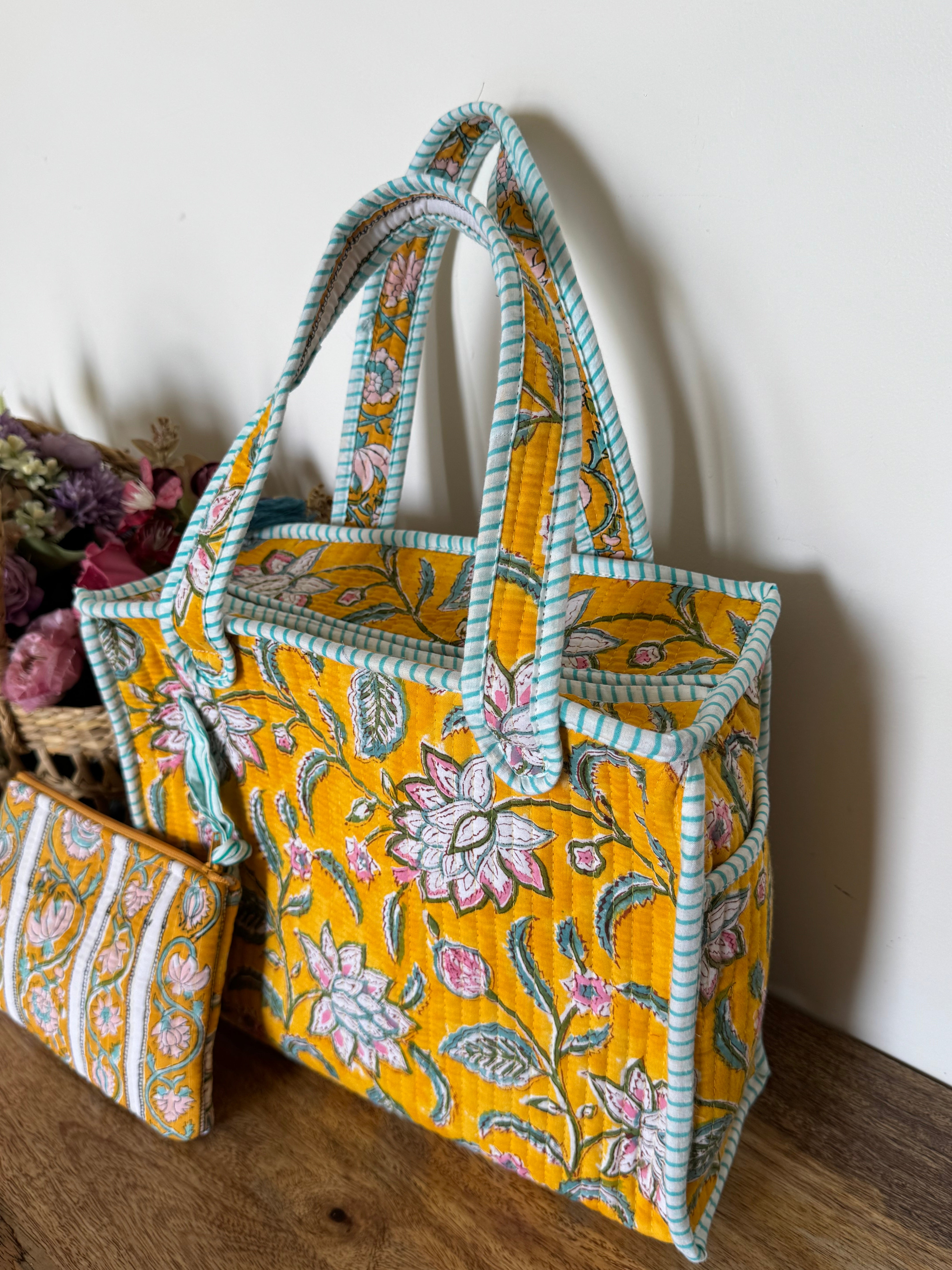 REVERSIBLE MINI TOTE BAG WITH MATCHING FLAT POUCH SET