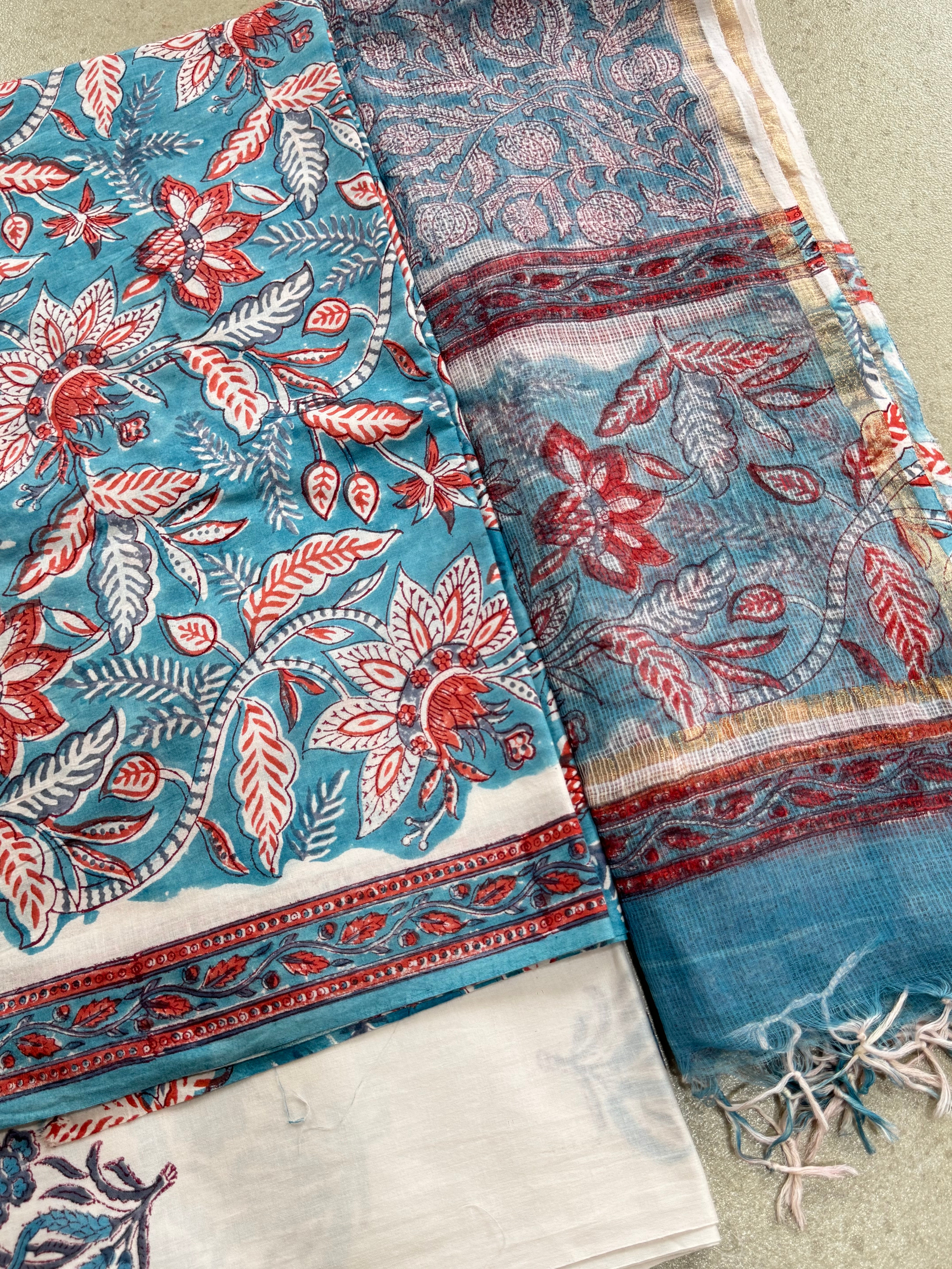 HAND BLOCK PRINTED COTTON WITH KOTA DORIYA DUPATTA UNSTITCHED SUIT
