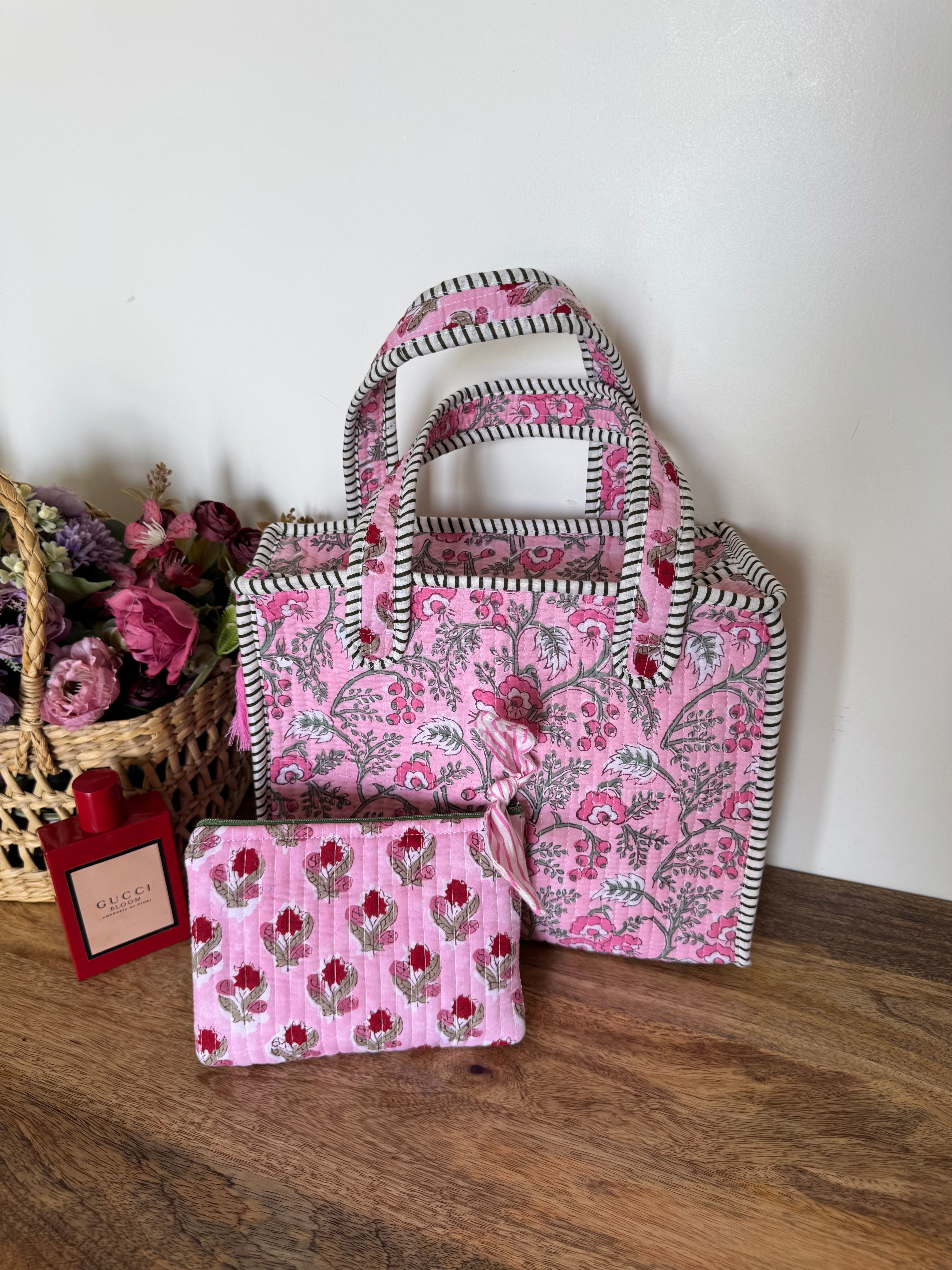 REVERSIBLE MINI TOTE BAG WITH MATCHING FLAT POUCH SET