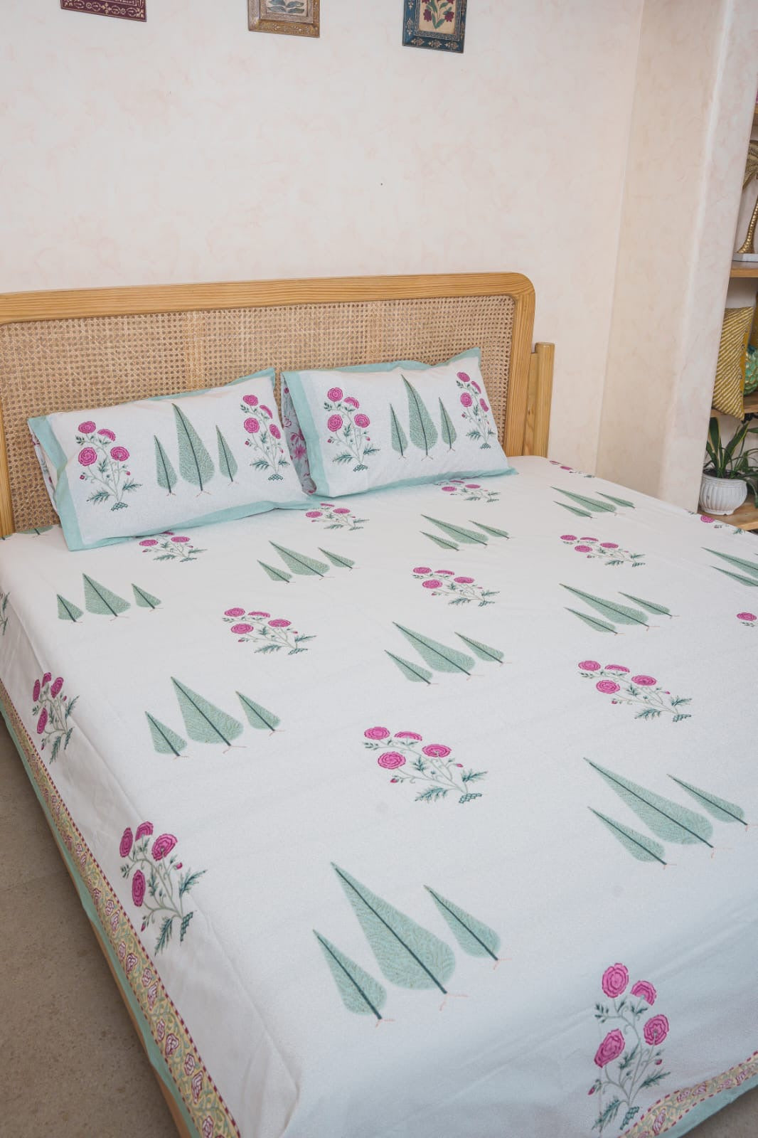 GARDEN DRIFT HAND BLOCK PRINTED BEDSHEET WITH TWO REVERSIBLE PILLOW COVERS