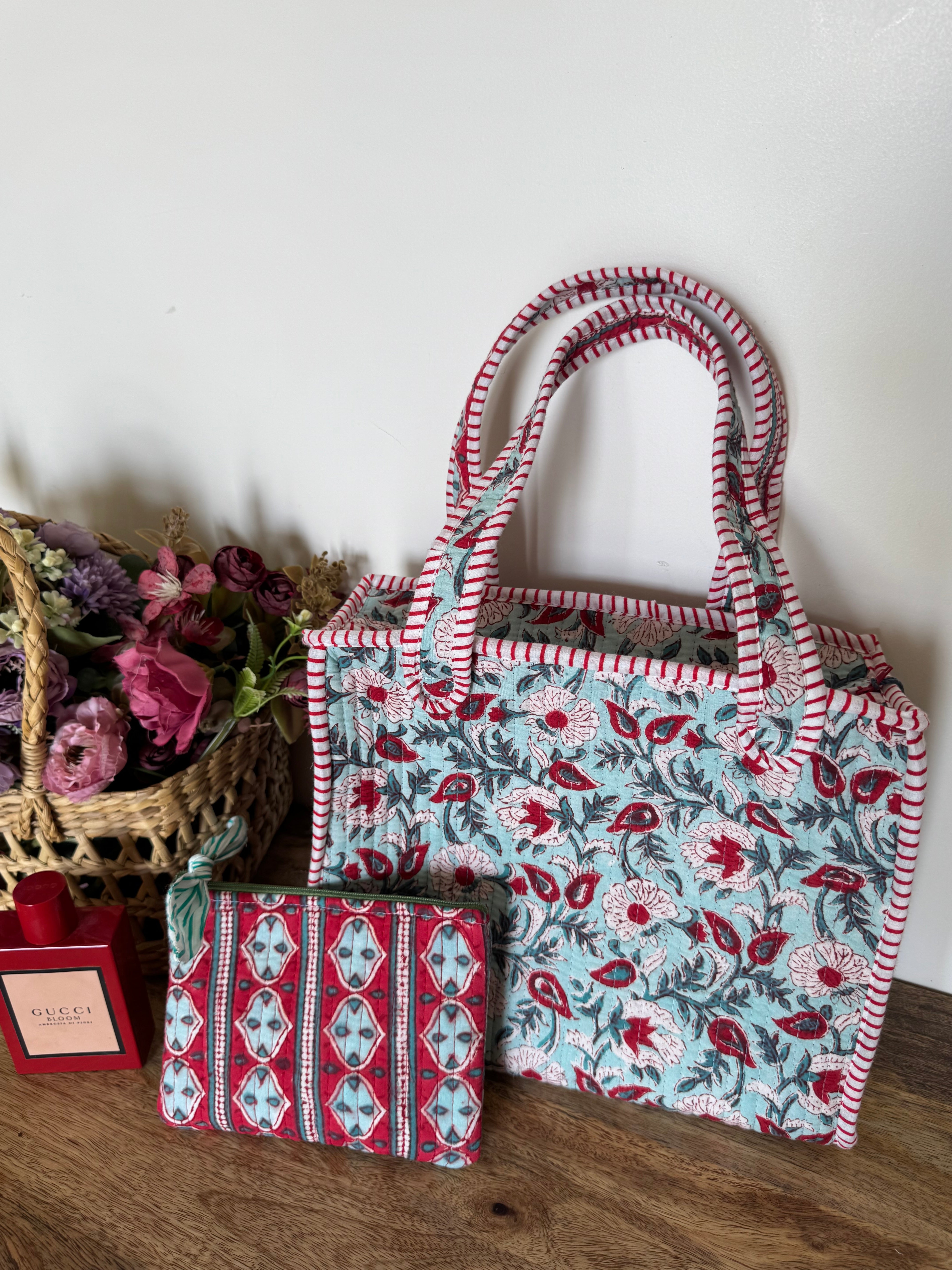 REVERSIBLE MINI TOTE BAG WITH MATCHING FLAT POUCH SET